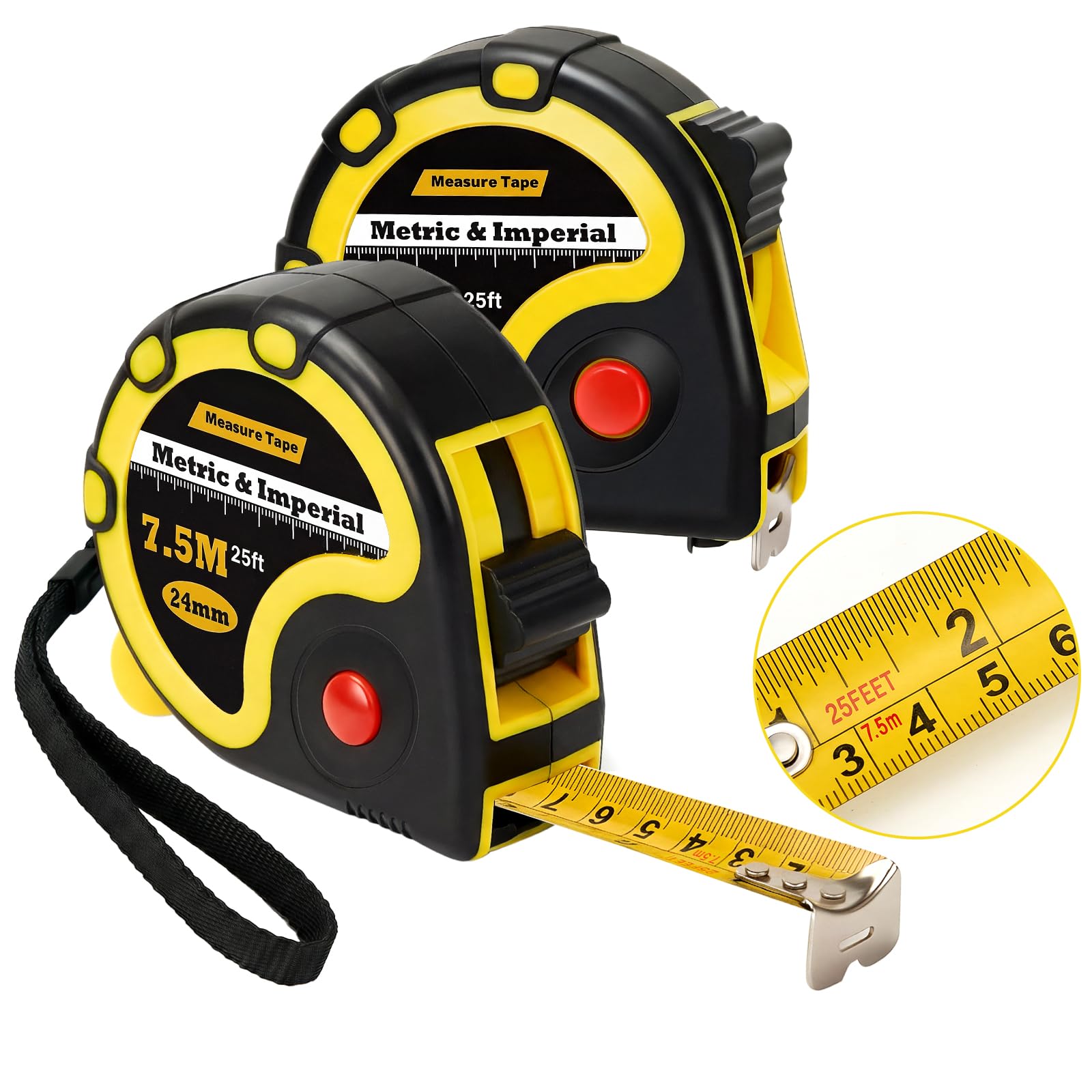 2 PCS Tape Measure Heavy-Duty - Dual Metric and Imperial measurements, Retractable, Thumb lock, Belt clip, Wrist strap, Shock Protection. Built for Accuracy,7.5m /25ft