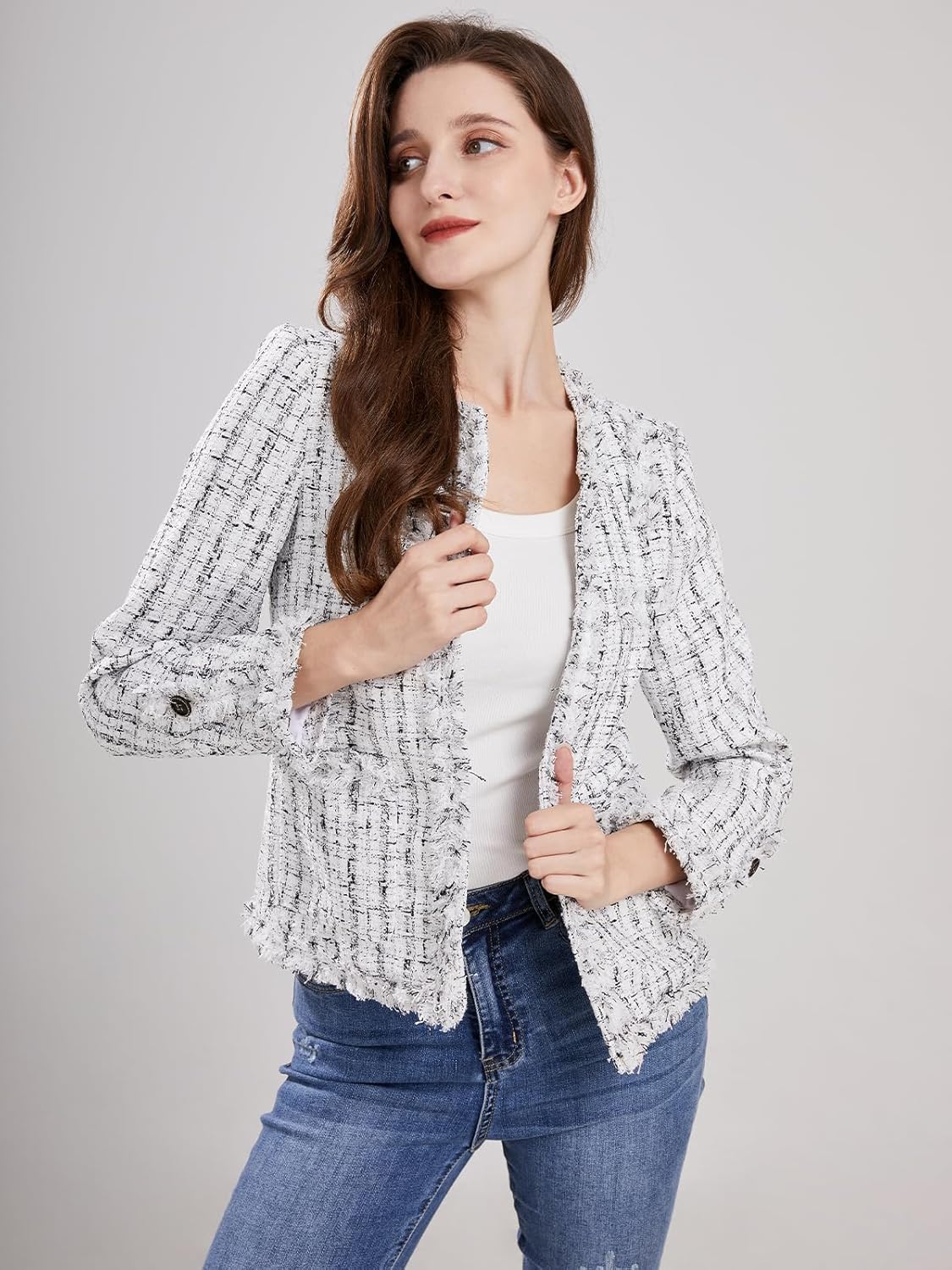 Women's Collarless Plaid Tweed Blazer Elegant Open Front Fringed Casual Business Glitter Jacket - Image 3