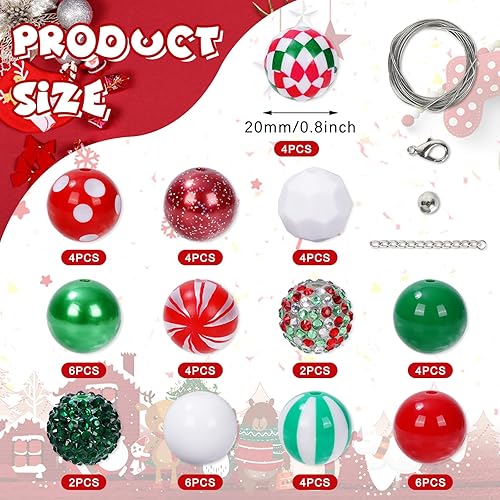 Miniatura 2 de Whaline Juego de 50 cuentas de Navidad mezcladas de 0.787 in con diseño de rayas de elfo y puntos de diamante, juego de cuentas de chicle, 12