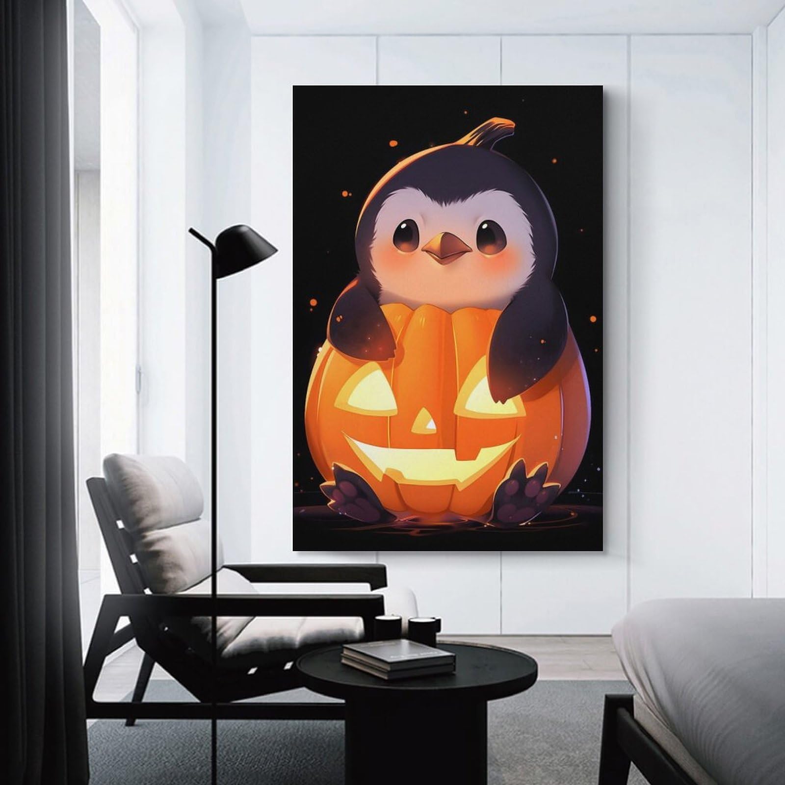 Junmoney Penguin in Pumpkin Home Decor Wall Art 12x18inch(30x45cm), for Hallway, Bedroom Or Modern Interiors, Canvas Artwork with Gifting Potential