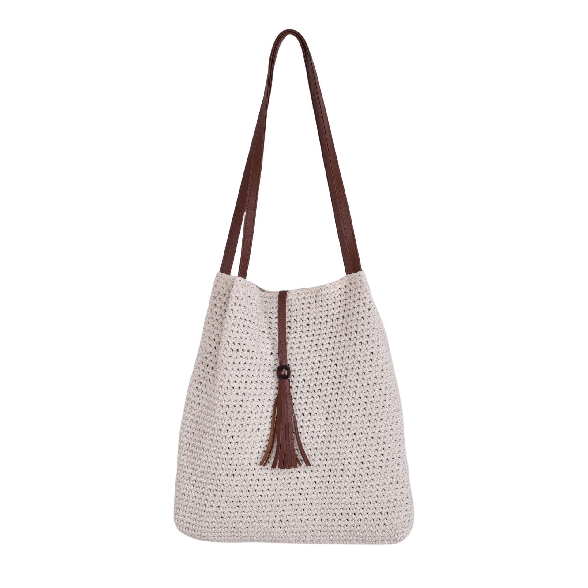 Sac tissé à la main bandoulière pompons perlés blanc bohème