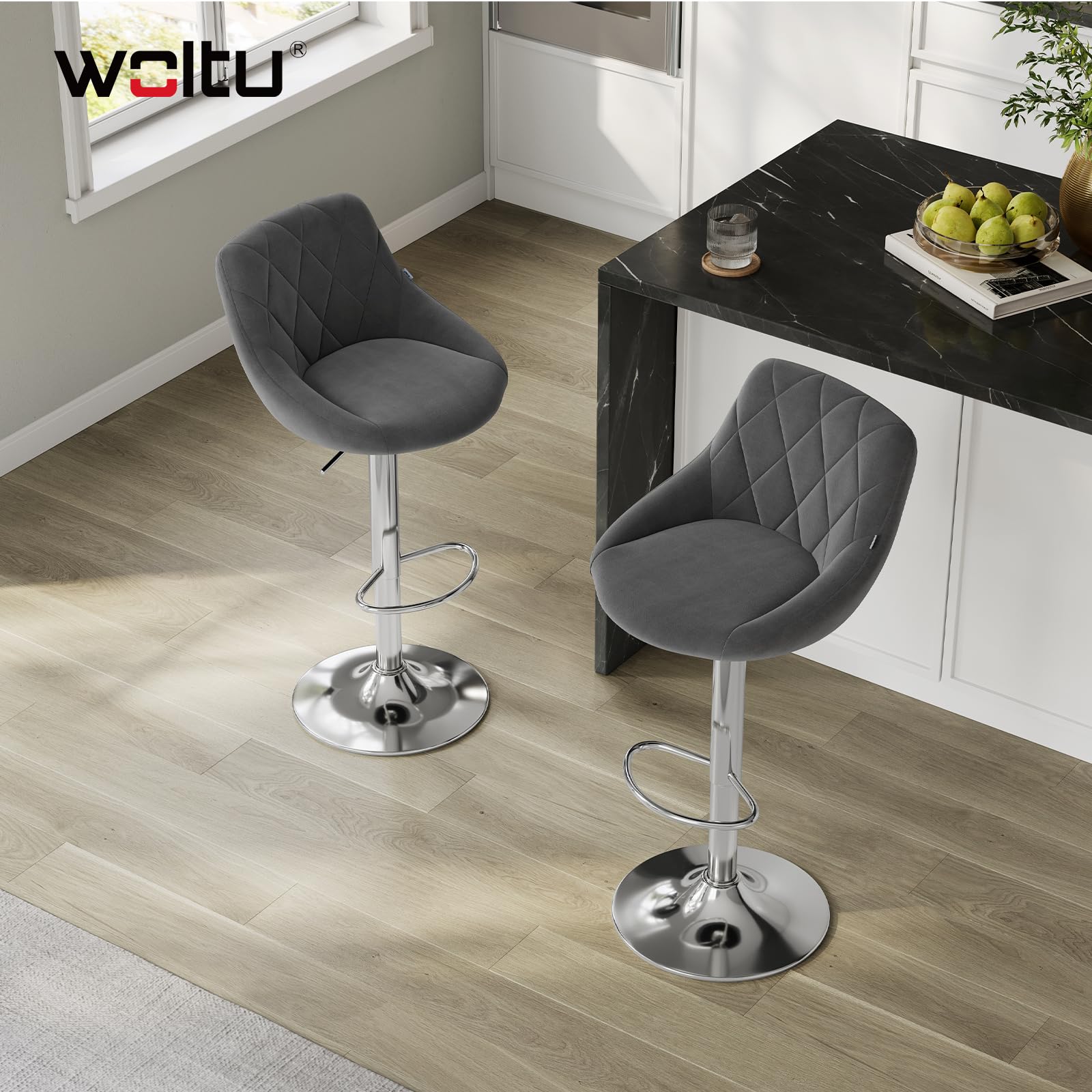 WOLTU Sgabelli cucina, Sgabelli da Bar Set di 2, Sedia da Bar Girevole Regolabile in Altezza, con Schienale Poggiapiedi, in PU, Grigio scuro, BH238dgr-2