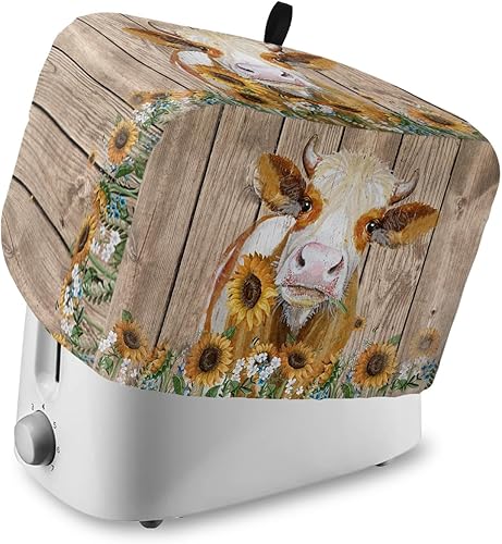 Cubierta para tostadora de 2 rebanadas, diseño de vaca de granja, girasol, de madera rústica, para pan, cubierta antipolvo con bolsillos, cubierta a