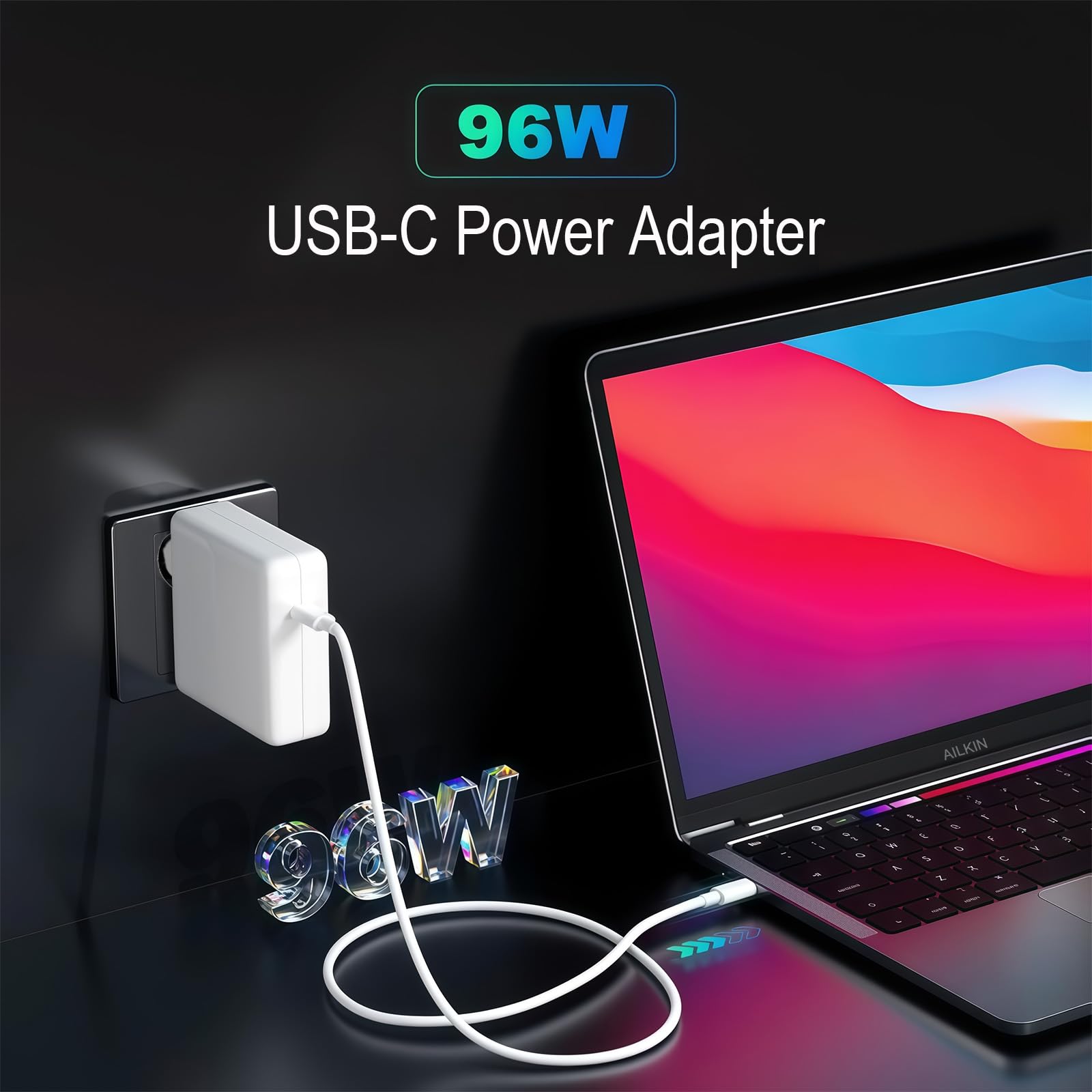 AILKIN Caricatore USB C 96W per MacBook Pro 16, 15, 14, 13" 2024, 2023, 2022, 2021, M3 M2 M1 MacBook Air, adattatore di alimentazione USB-C per computer portatile, con cavo 6.6ft 5A