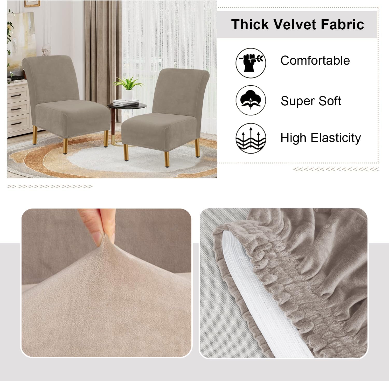 Velvet Armless Accent Chair Covers Luxury Thick Velvet Chair Slipcovers, Removable Furniture Protector for Living Dining Room Hotel, Taupe
