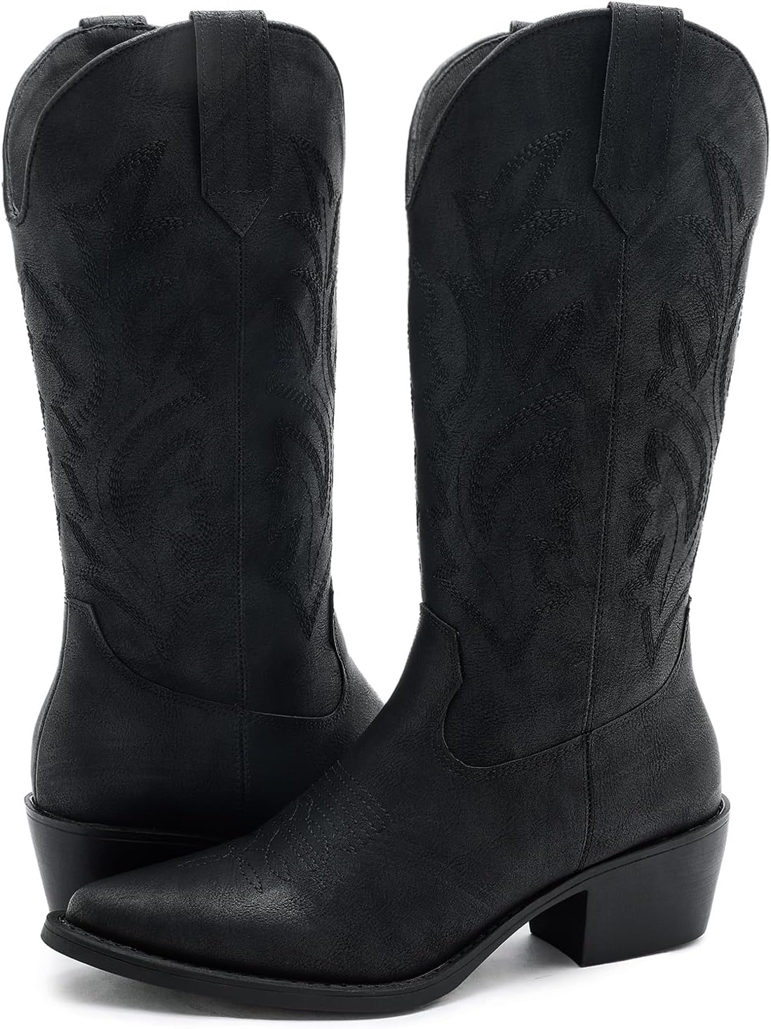 GLOBALWIN Women's Mid Calf Western Cowboy Boots Cowgirl Boots for Women with Floral Embroidery Side Zipper Chunky Heel