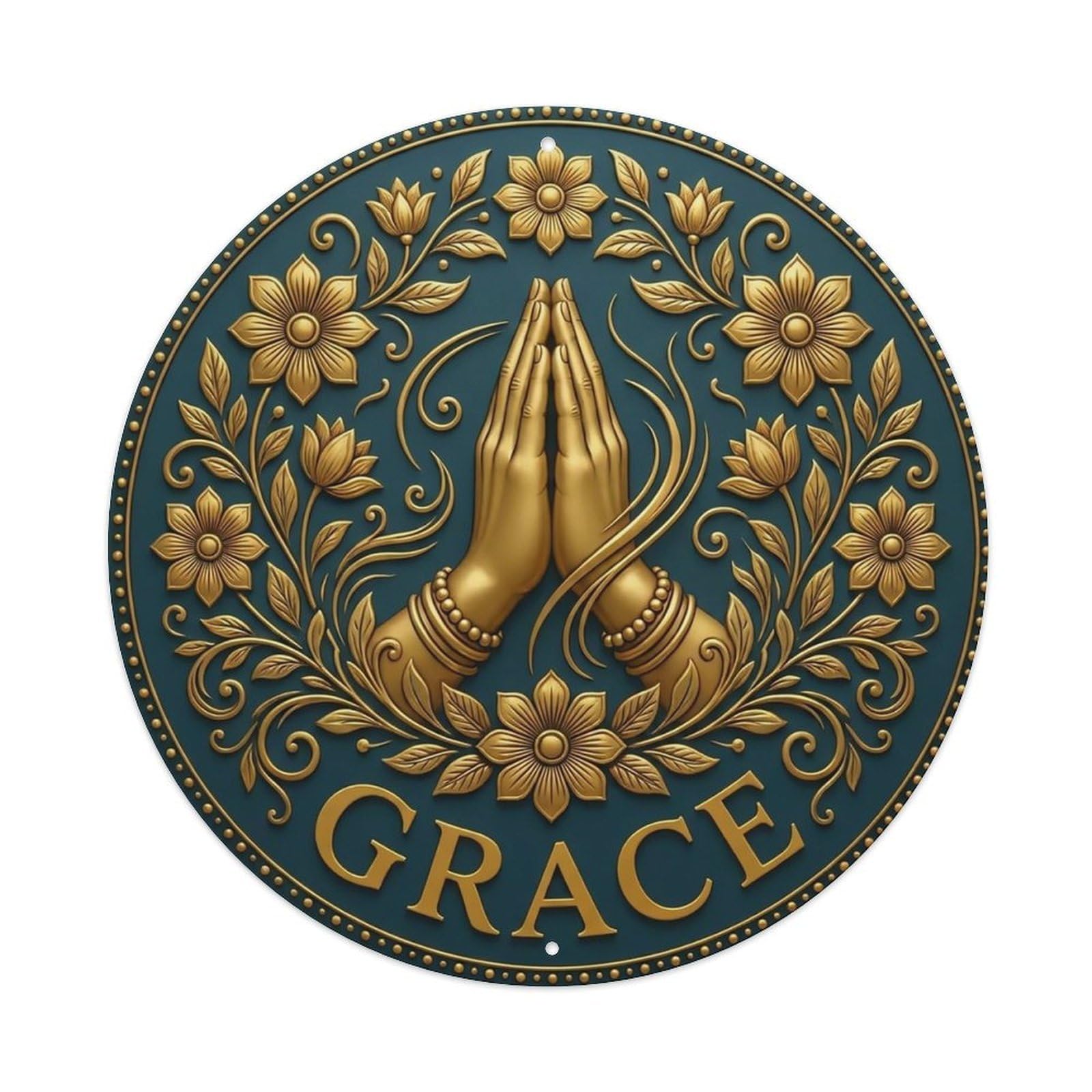 Vintage Namaste Praying Hands Grace Flower Zen Yoga Metal Tin Sign