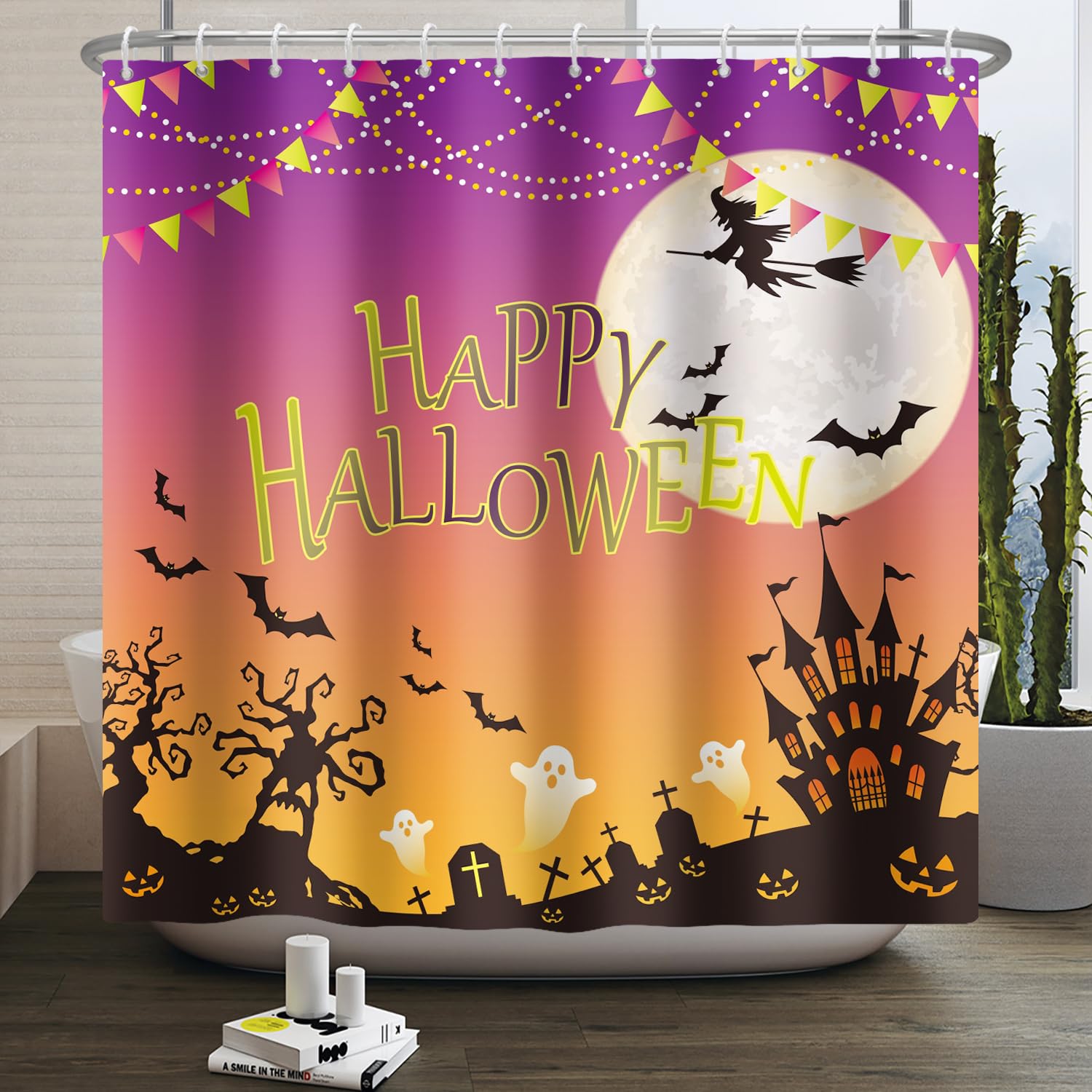 SDOTPMT 140x180cm Happy Halloween Shower Curtain Cute Pumpkin Lantern Witches Moon Horror Spooky Bath Curtain Day of The Dead Bathtub Curtain for Bathroom Decor Polyester with Hooks