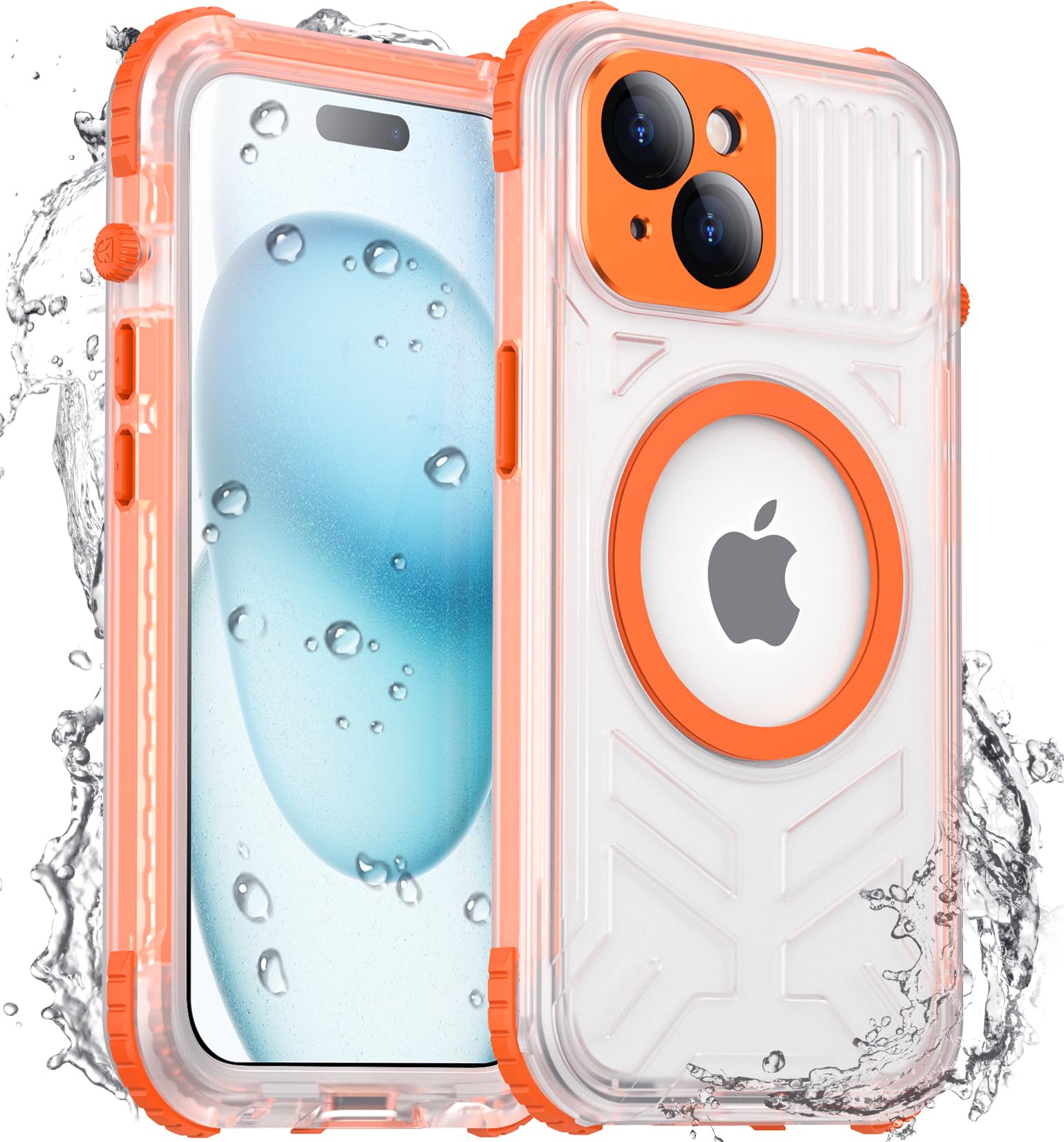 Red2Fire 2025 New for iPhone 15 Case Waterproof, [Compatible with MagSafe][Built-in Camera & Screen Protector][Full Body Shockproof][IP68 Waterproof][Dustproof] Phone Case for iPhone 15 6.1" Orange