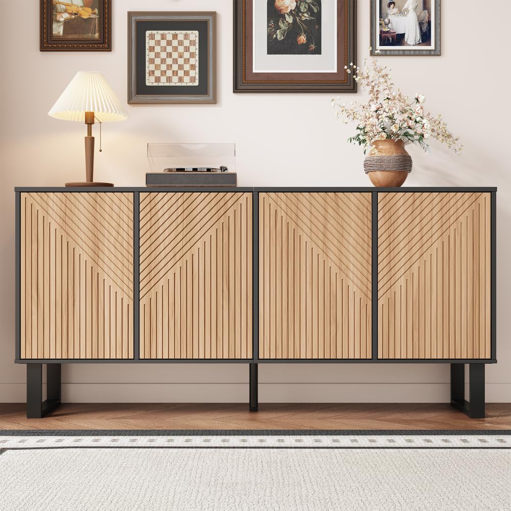 Credenza moderna e minimalista, design a contrasto con venature del legno nero, frontale a strisce 3D, grande spazio per ingresso e soggiorno, 160 x 38 x 75 cm (lunghezza x larghezza x altezza)