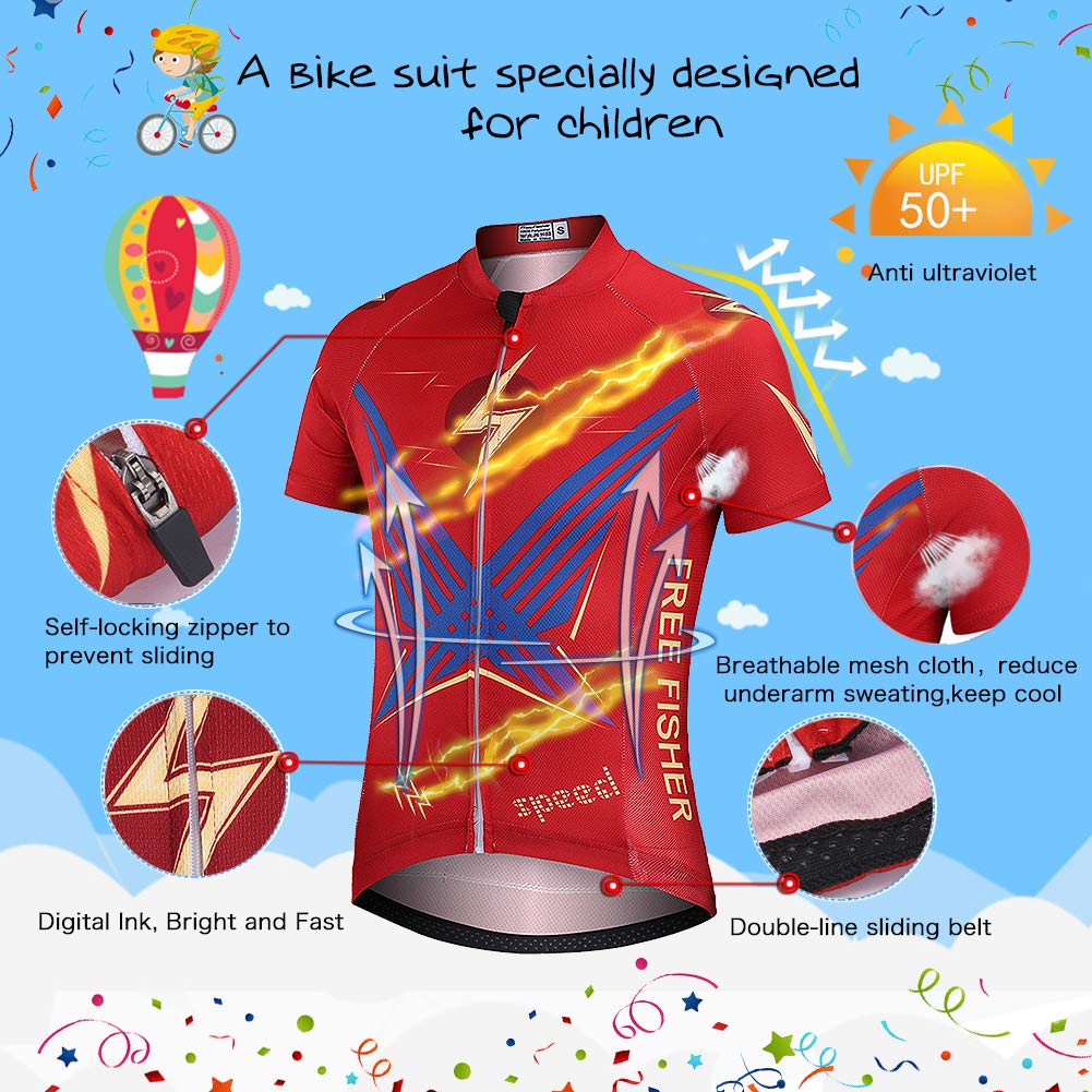 Maillot Ciclismo Niño con Bolsillo Trasero Almohadilla Pantalones Cortos Bicicleta Elásticos Transpirables+Camisa 2 Piezas Traje Jersey Secado Rápido para Edades 4-16 Años