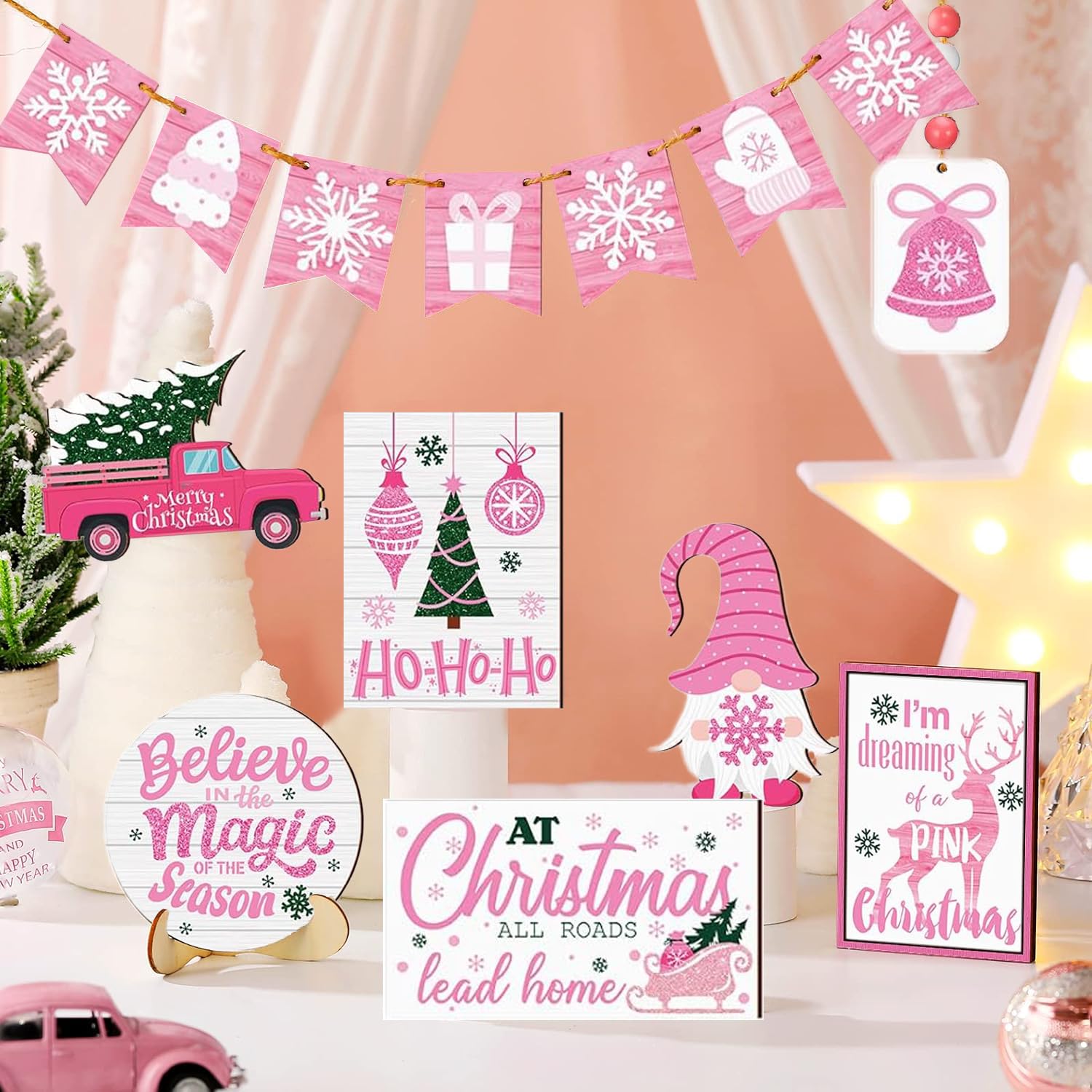 Farmhouse Rustic Pink Christmas Decor - Tiered Tray with 15 Pcs Ornaments, Gnome, Truck, Snowflake Wooden Sign for Centerpiece, Table, Party, Holiday