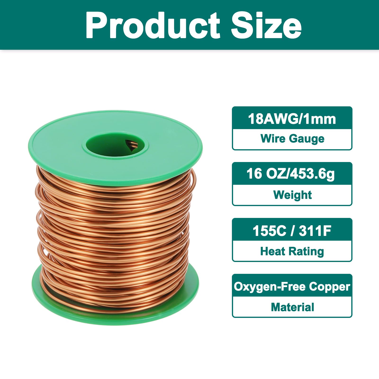 QUARKZMAN Alambre Esmaltado 18 AWG, Cable De Cobre Esmaltado Calibre 18 16 Oz Bobina Magnética Para Transformador Motor Eléctrico, Grado F 311 Fahrenheit (155 Celsius), Color Cobre