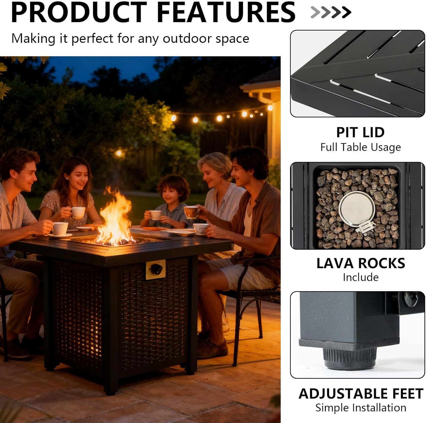 50000 BTU Propane Fire Pit Table Square,28 inch Iron Outdoor Propane Fire Pits for Patio Porch Garden (Black 1)