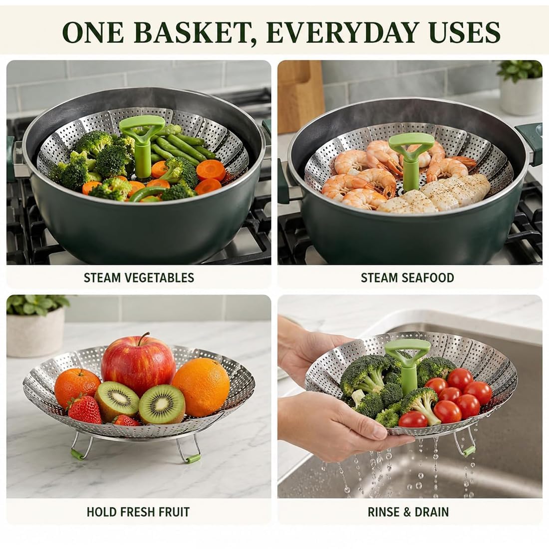 Cesta Vaporera Extensible De Acero Inoxidable Para Verduras
