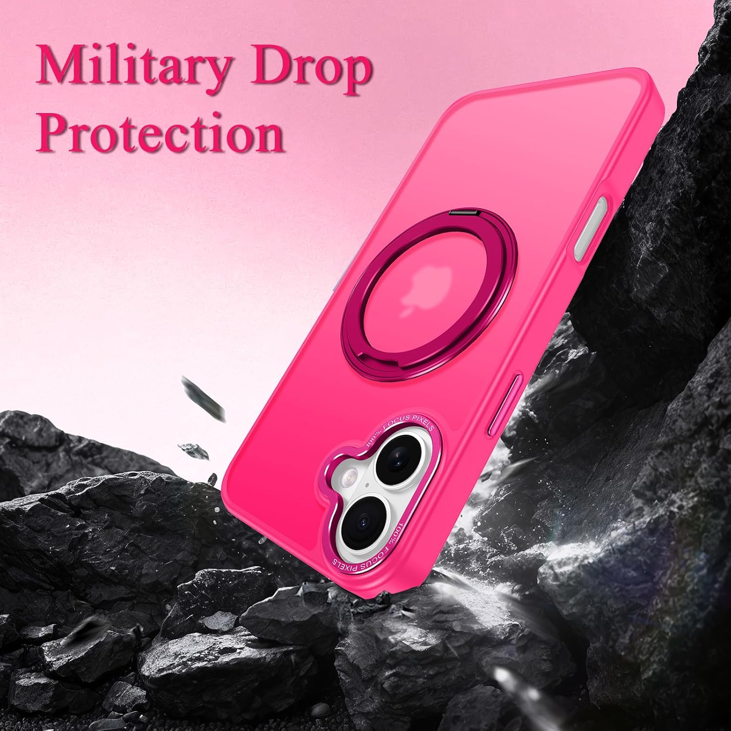 Strong Magnetic for iPhone 16 Plus Case with Stand,Fit for MagSafe,360°Rotatable Ring Designed,Translucent Matte Texture Protective Military Grade Shockproof,Hot Pink - Image 3