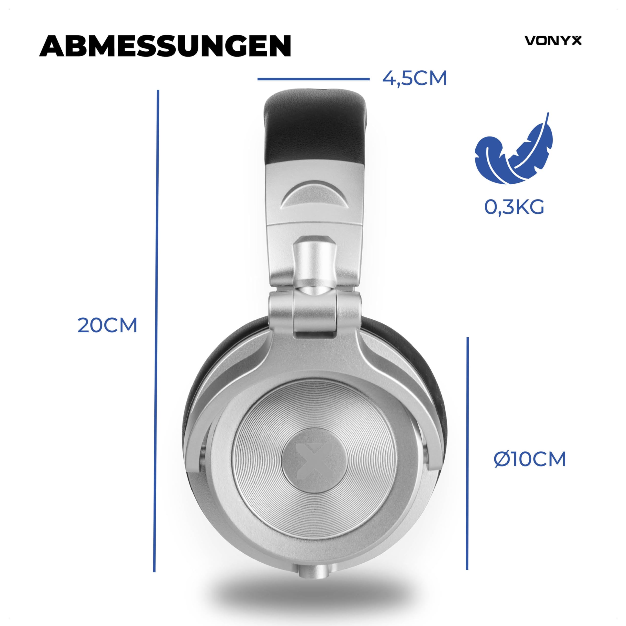 Vonyx HDX200SB - Over Ear Kopfhörer mit Kabel, 50mm Treiber - Tiefer Bass, DJ Kopfhörer mit 3,5mm & 6,3mm Klinke – Faltbar & Drehbar, Geschlossene Headphones inkl. Transporttasche - Silber