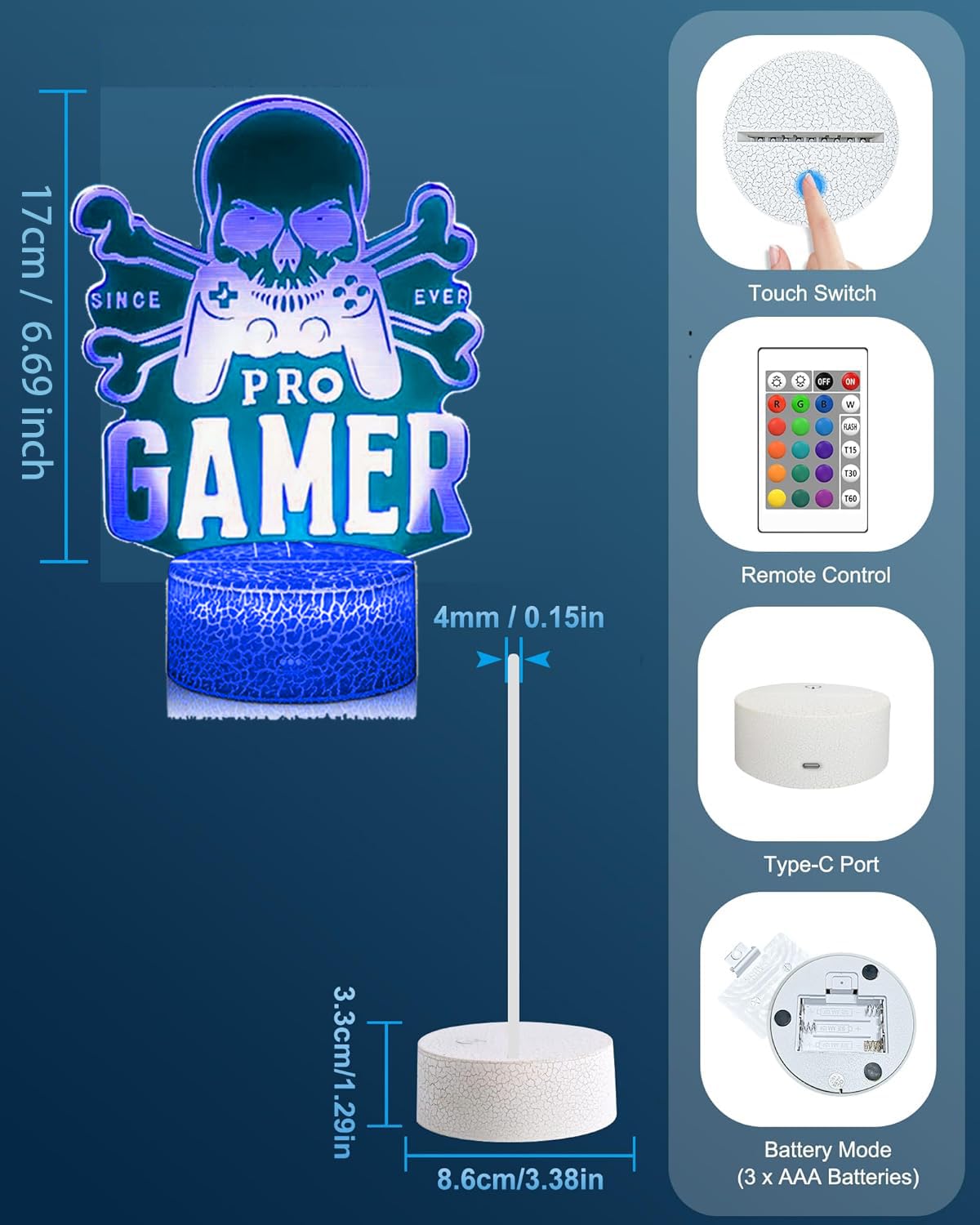 Gamer Pro Night Light, Gamepad Graphic Video Games Gift Funny 3D Illusion Lamp 7 Colors Changing Touch, Gaming light - Image 2