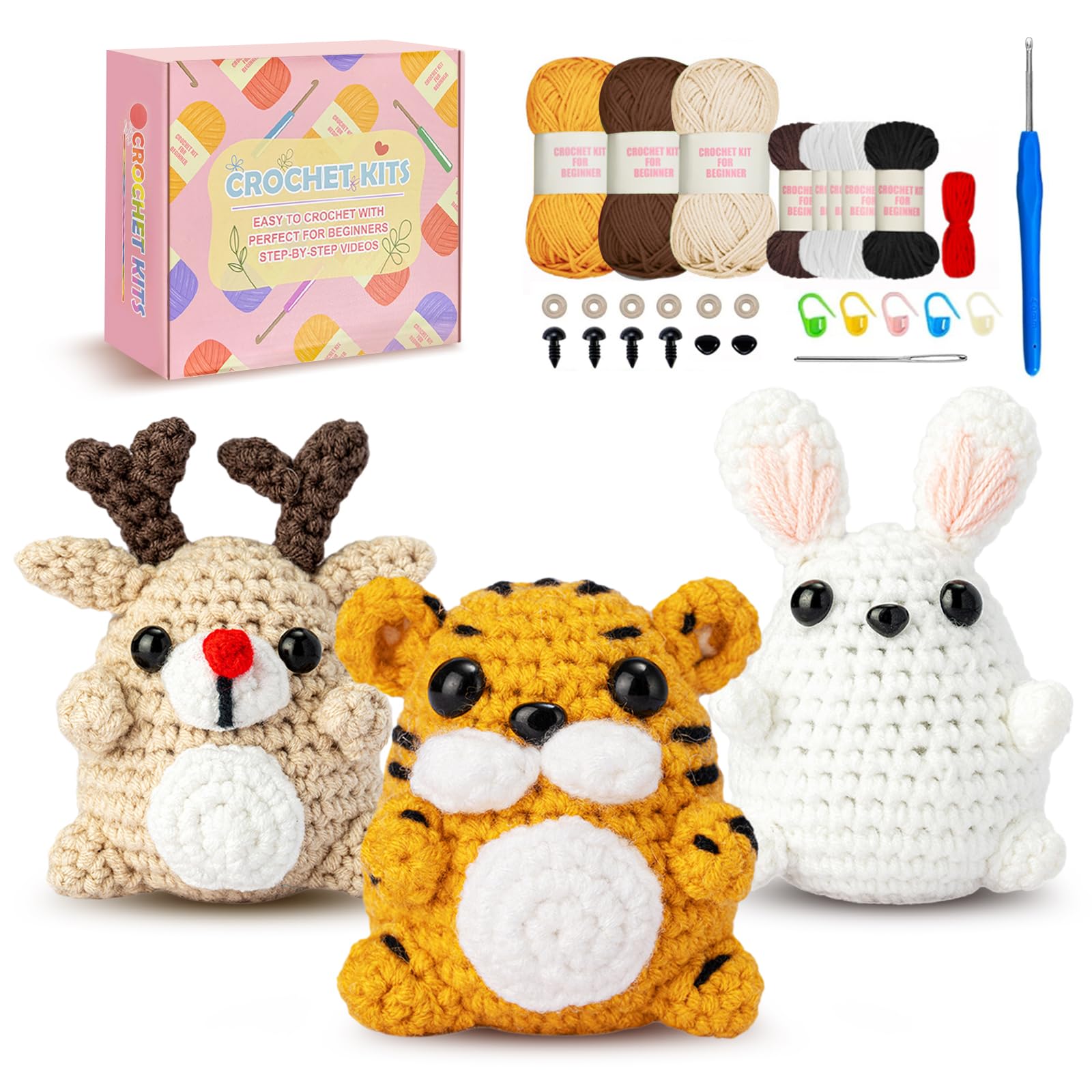DOLLGIFT Crochet Kits for Beginners Adults, Knitting Starter Kit for Adults, Crochet Set with Step-by-Step Video Tutorials, Elk Tiger and Rabbit