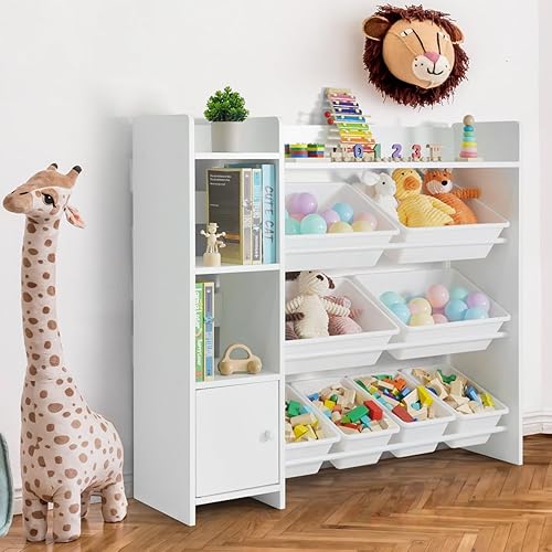 CAPHAUS Organizador de juguetes con 8 cubos de plástico blanco, armario de almacenamiento para artículos desordenados o libros, solución perfecta de