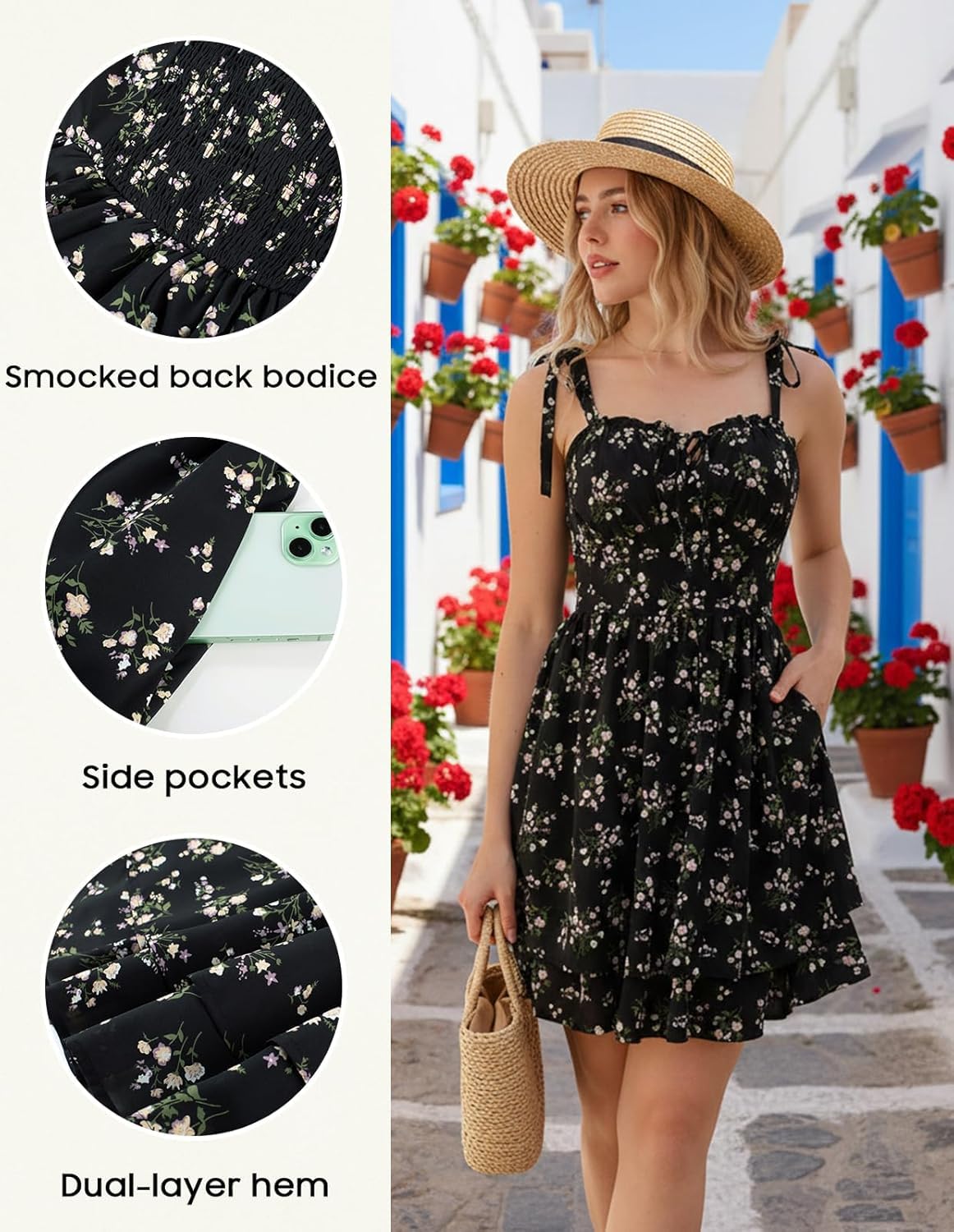 SCARLET DARKNESS Vestido floral para mujer y adolescente, vestido de verano ajustable con lazo en los hombros, vestido corto con dobladillo escalonado