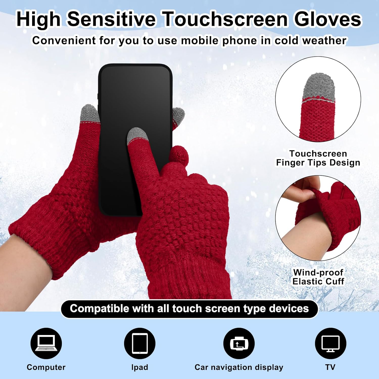 Geyoga 12 Pcs Winter Hat Glove Sets Knitted Beanie Hat Touchscreen Gloves Soft Warm Cap with Pom Pom for Women Men