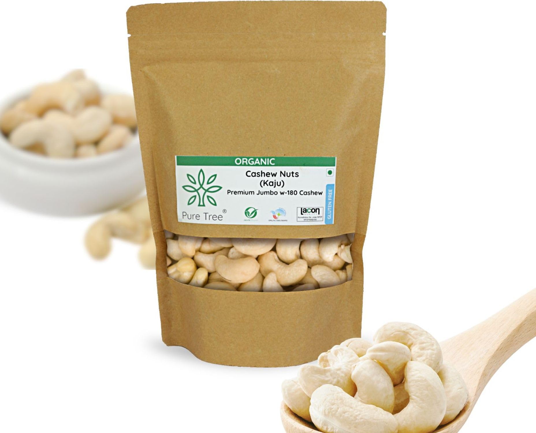 Pure Tree Certified Organic Cashew W180 (Jumbo) | 900 g | Crunchy Cashew nuts Whole | Nutritious Premium Kaju Dry Fruit | Plain Unsalted Cashew | Rich Fiber & Magnesium