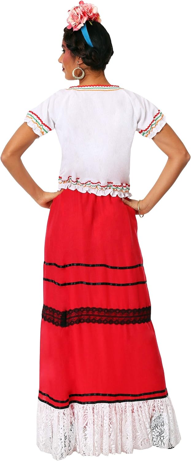Red Frida Kahlo Costume for Women - Embroidered Top with Skirt and Hair Bows