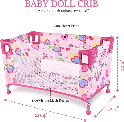 Miniatura 6 de Cuna de muñeca de bebé de juguete para muñecas de 18 pulgadas, bonita cama de muñeca con diseño de corazón rosa con bolsa de transporte, muebles de
