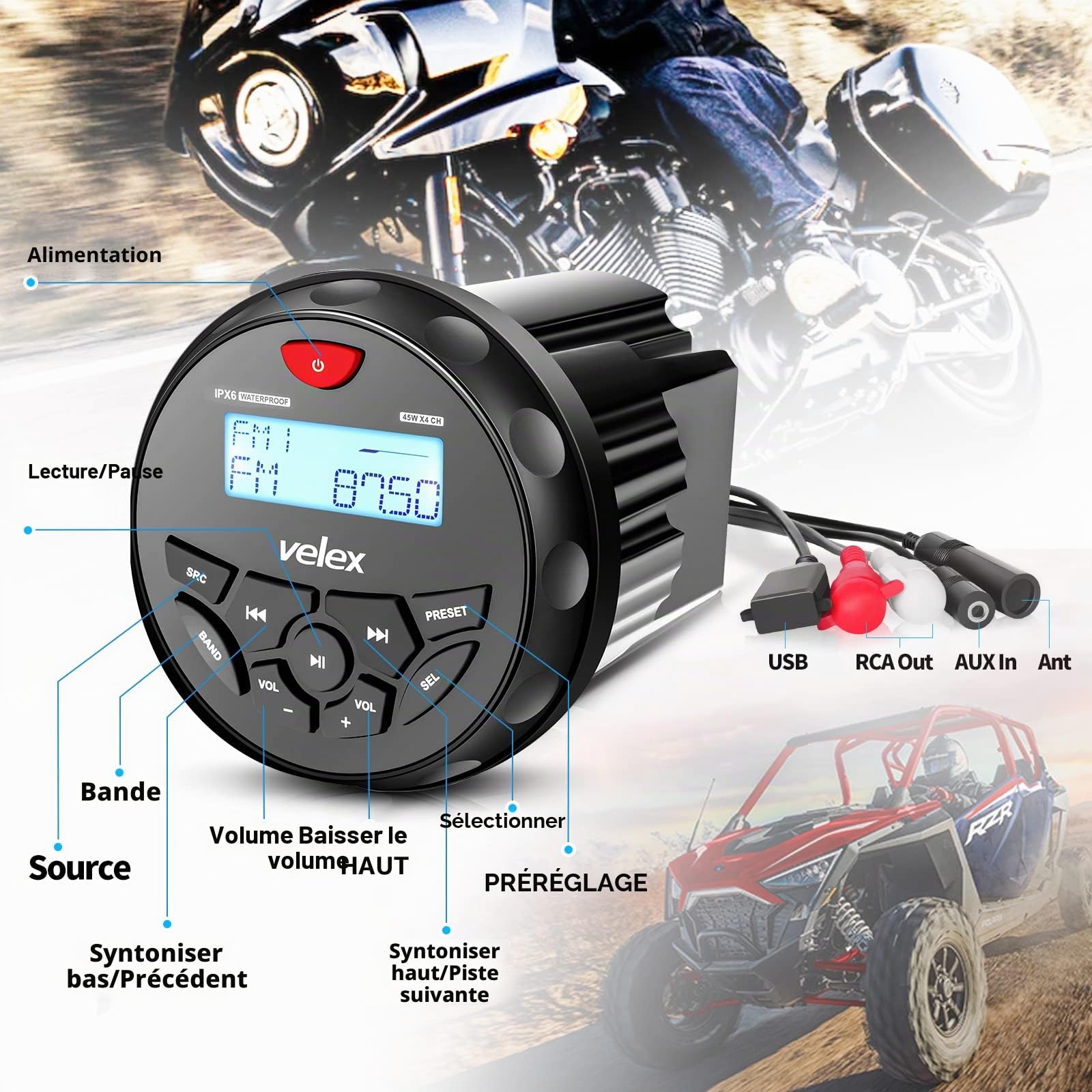 Récepteur stéréo Bluetooth étanche avec Lecteur MP3 sur Radio AM/FM et USB pour Diffuser de la Musique sur Les Bateaux, Chariots de Golf, VTT, UTV et Spa, Jacuzzi