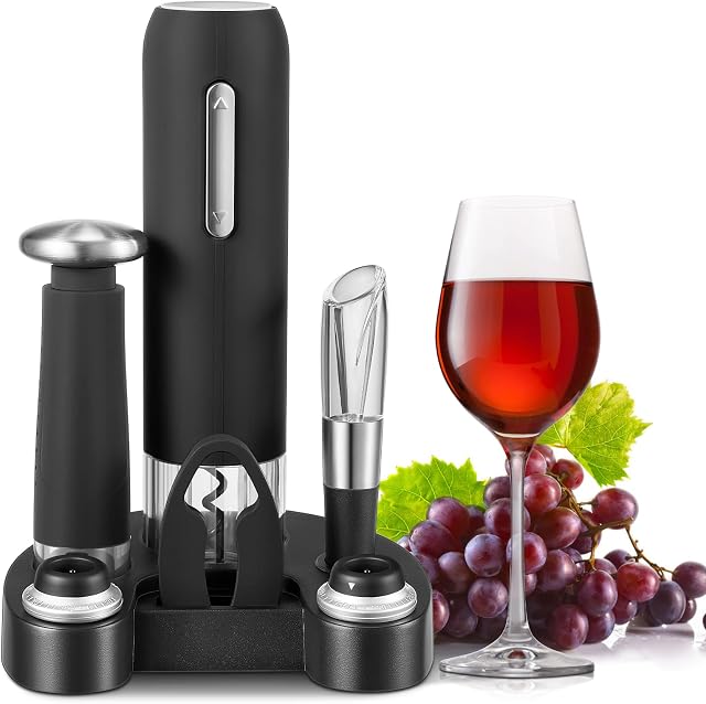 D.Perlla Electric Wine Opener Set, Automatic Wine Bottle Openers 7 in 1, Rechargeable Corkscrew Opener with Foil Cutter, Wine Pourer, and Vacuum Wine stoppers, Black