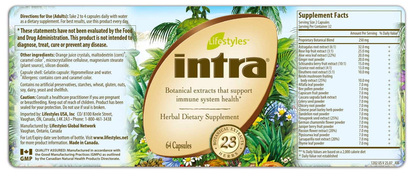 Intra Lifestyles Capsules – Herbal Supplement for Immune and Energy Support – 23 Botanical Extracts – Made in Canada – 64 Capsules (64 Capsules (Pack of 1)) — Amazon image 2