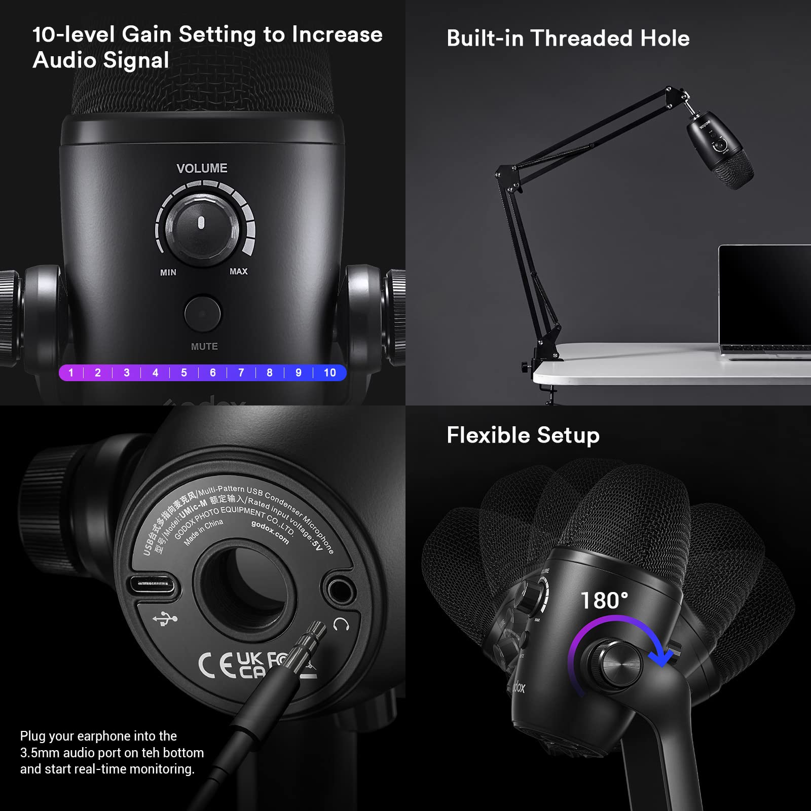 Godox UMIC82 USB-Kondensatormikrofon, 4 Aufnahmemuster Omnidirektional, Stereo, Bidirektional, Niere, Tri-Kapsel-Array, Plug & Play für Live-Streaming, ASMR-Aufnahme, Interview usw.