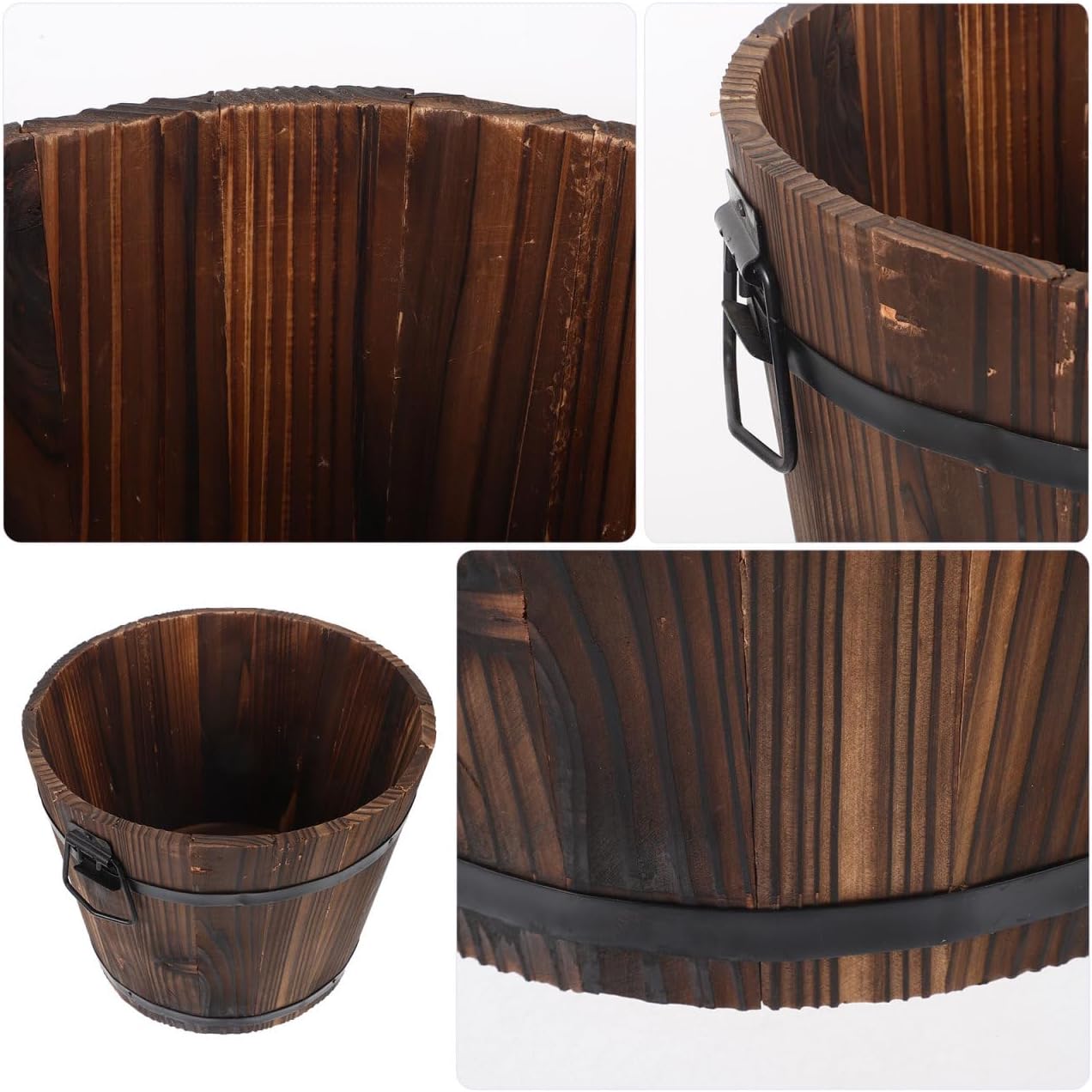 Vaguelly Rustic Wooden Barrels Planters Whiskey Barrels Bucket with Handle, Flower Planter Plant Pots Container Water Wishing Well Pail Garden Backyard Outdoor Indoor Decor