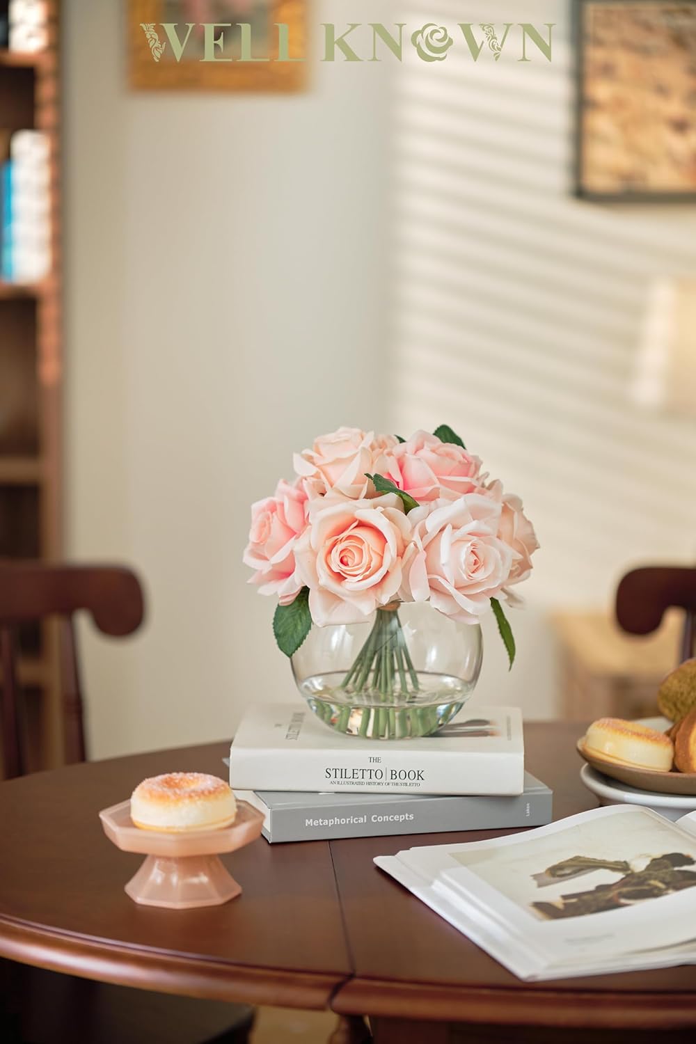 WELL KNOWN Artificial Flowers with Vase, Silk Rose Artificial Flowers Table Centerpieces with Faux Water for Home Decoration Fake Roses Flower Arrangements for Table Decor (Pink) - Image 3