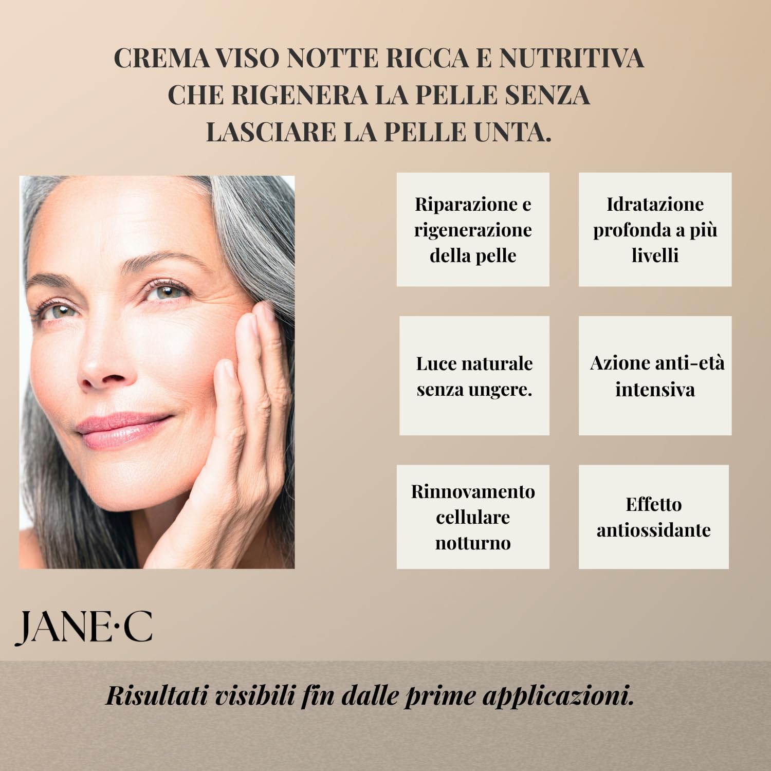 JANE•C Crema Viso Notte Antirughe – Crema Notte Rigenerante e Levigante, Anti-Age Intensiva con Retinolo, Coenzima Q10, Centella Asiatica e Fosfolipidi – Skincare Coreana – 50 ml – Made in Italy