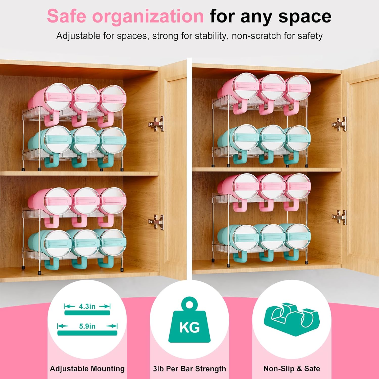 Reusable Stackable with Handle Compartment Water Bottle Tumbler Organizer for Stanley 40oz with Handle Cup, Stanley Accessories for Pantry, Cabinet & Kitchen Organization and Storage,2 Tier Hold 6 - Image 4