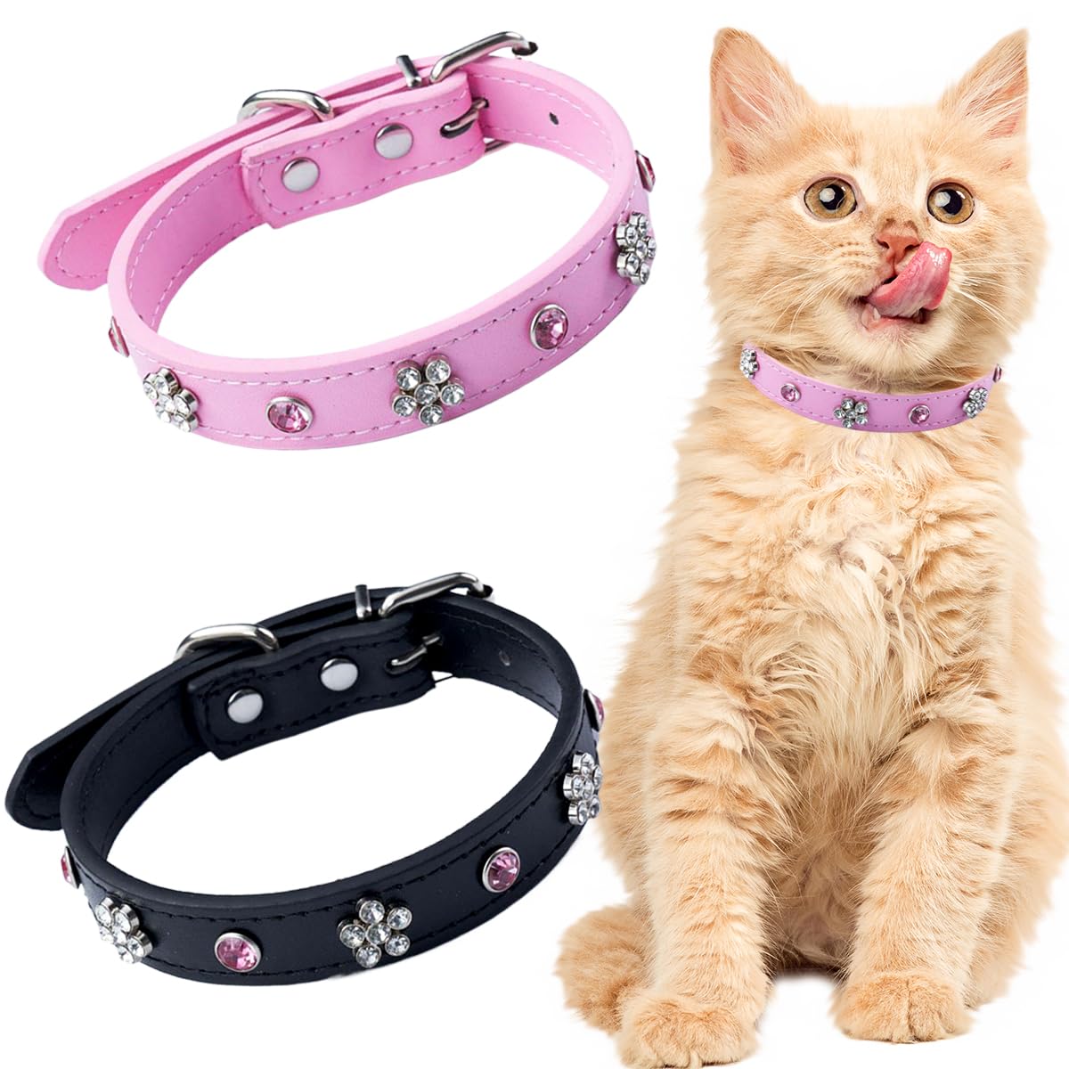 2 PCS Leather Cat Collars Adjustable Kitty Collar Cute Cat Neckband Safety Kitty Neckbands Elegant Cat Neckchain Premium Pet Accessories for Girl and Boy Pets