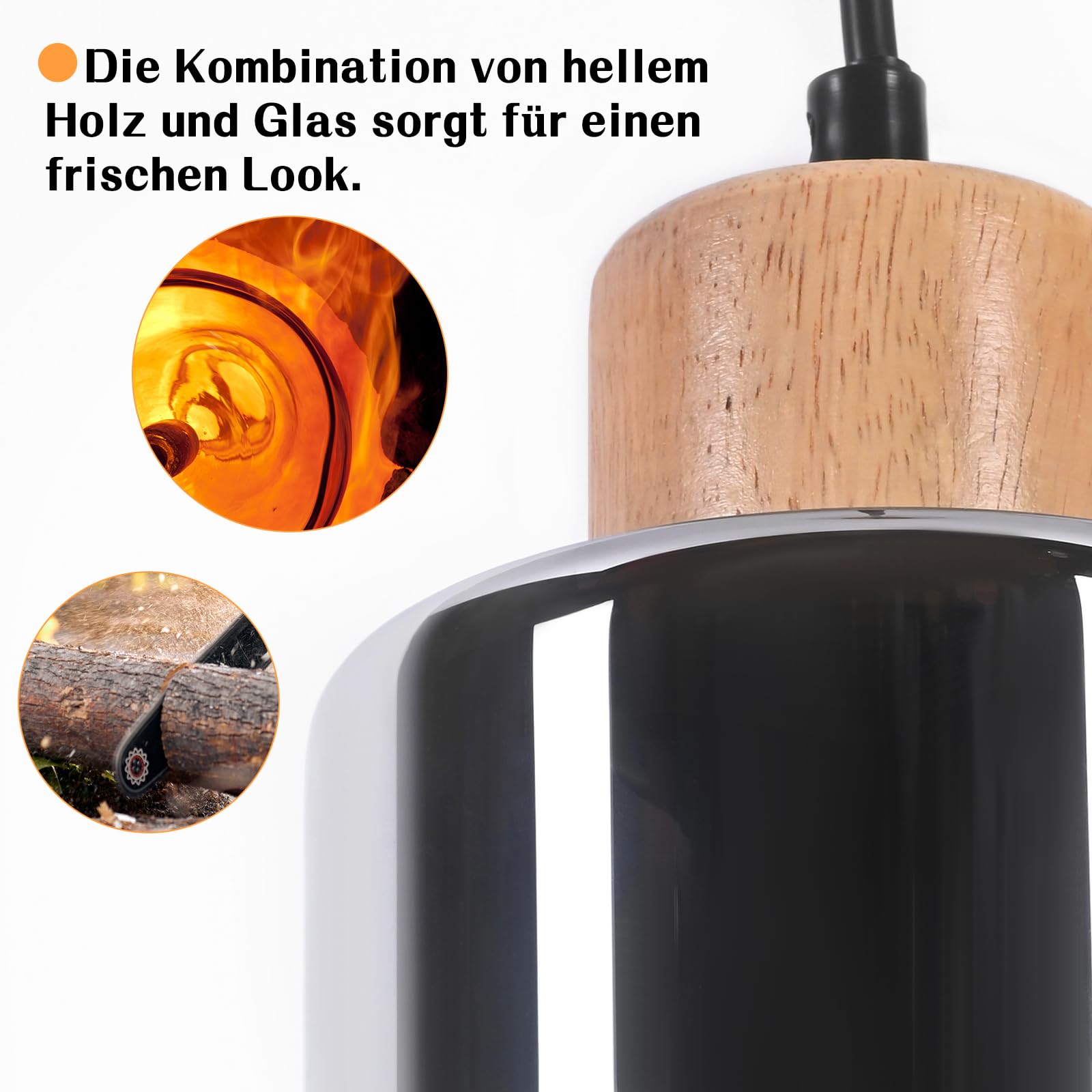 Pendelleuchte esstisch Hängelampe E27: Esstischlampe hängend Holz | Esszimmerlampe 4 flammig retro Vintage Hängeleuchte Rauchglas Pendellampe für Esszimmer Küche - Ohne Leuhctmittel