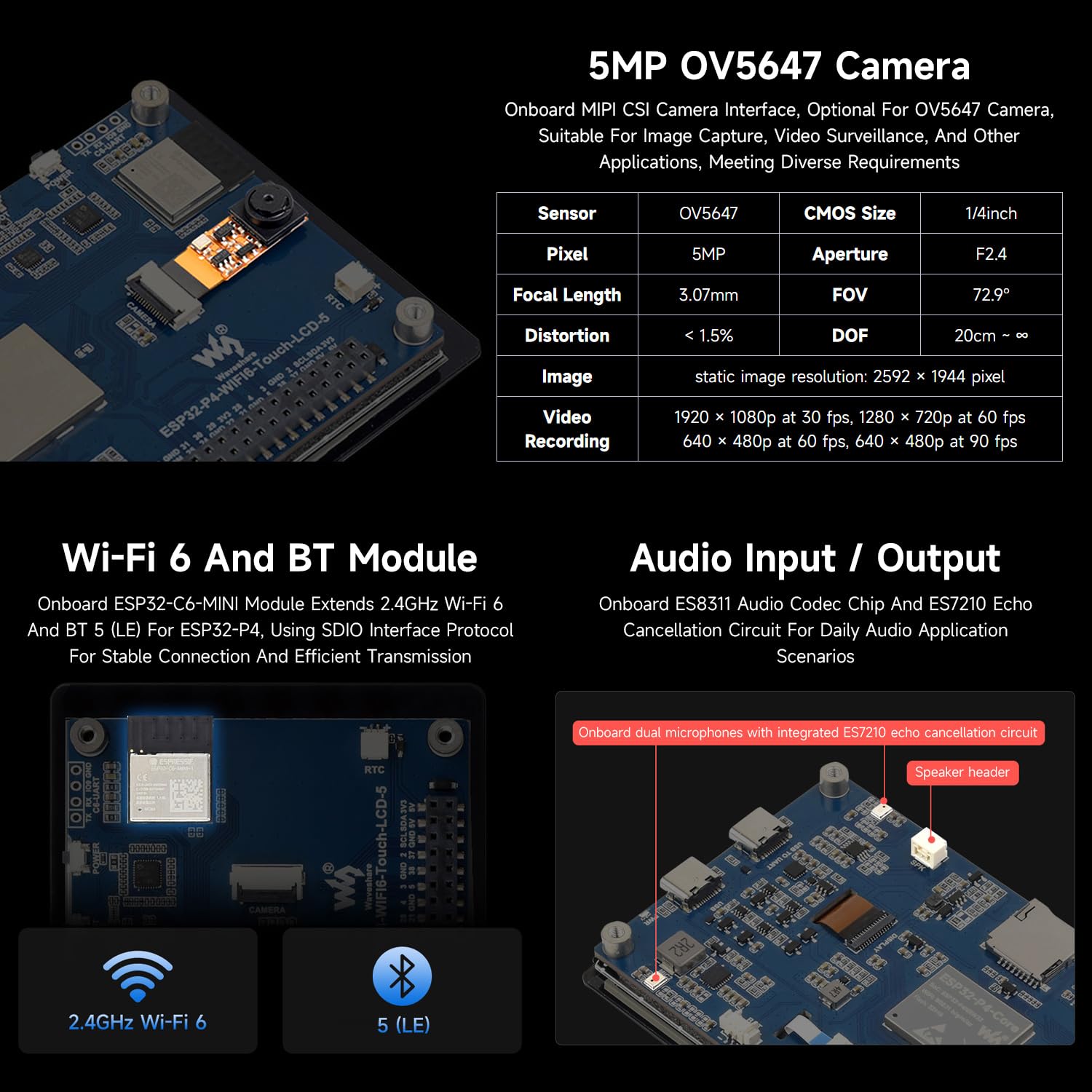 Waveshare ESP32-P4-WIFI6 5inch Development Board with OV5647 Camera, 720 x 1280 Resolution, 5-Point Touch, Onboard Audio Codec Chip, Supports Wi-Fi 6 And BLE 5
