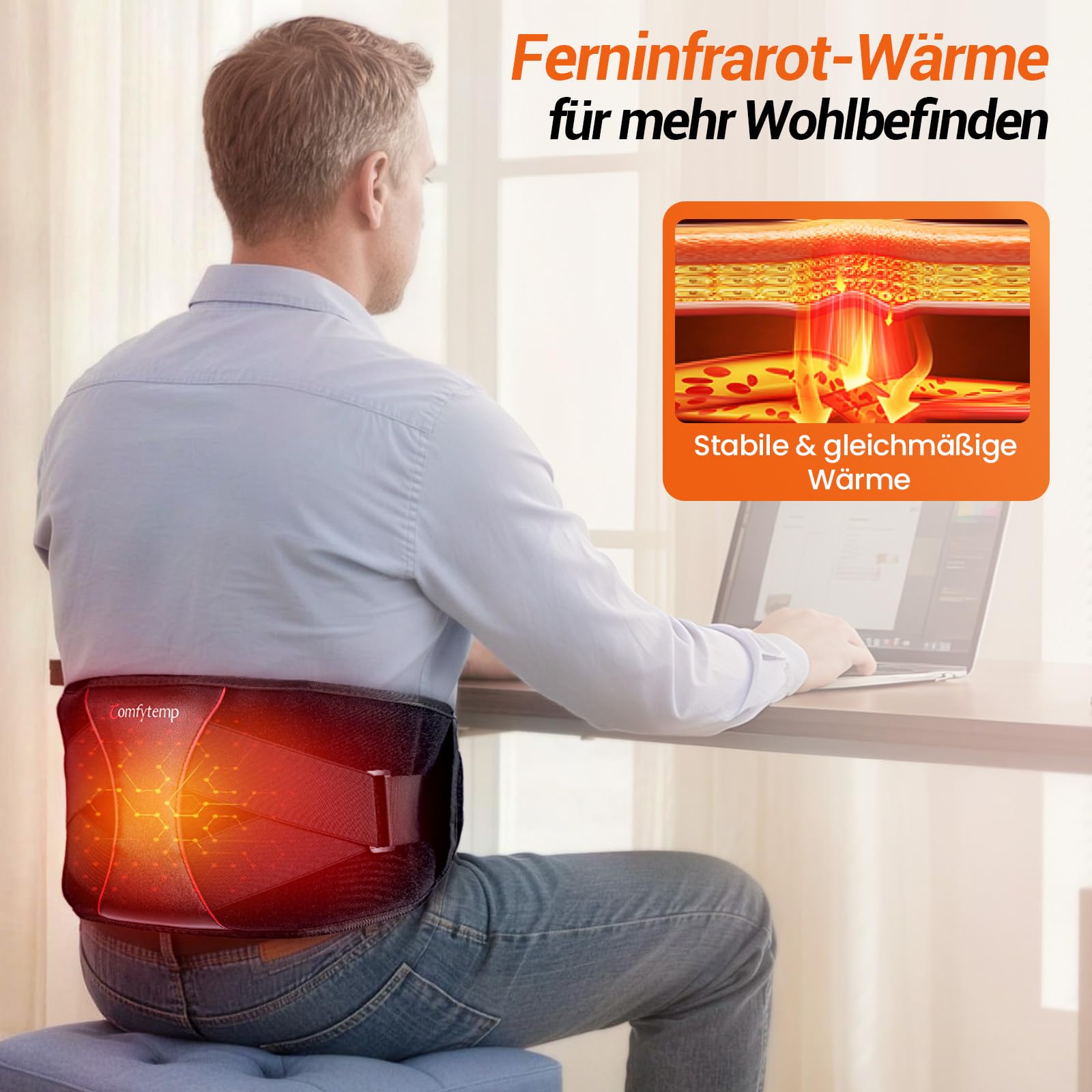 Comfytemp Infrarot Wärmegürtel kabellos 3D Rückenstütze, Vibrationsmassage | 170cm Heizgürtel mit 5000mAh Akku, Rückenwärmer Heizkissen Rücken mit Kompressionsband, Geschenk für Papa Mama Frauen Männer