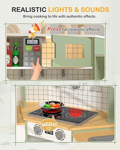 Miniatura 3 de Babytronic Juego de cocina esquinera de madera para niños con luces y sonidos, juego de cocina con estufa, microondas, máquina de hielo y