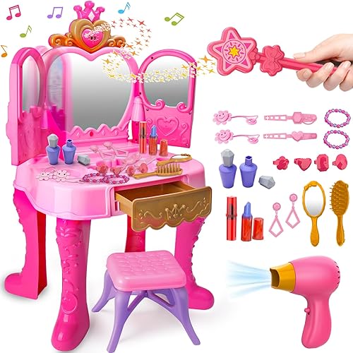 Juego de maquillaje mágico para niños pequeños, mesa y silla, espejo automático con música, color rosa claro, juguetes para niñas de 3, 4, 5 años,