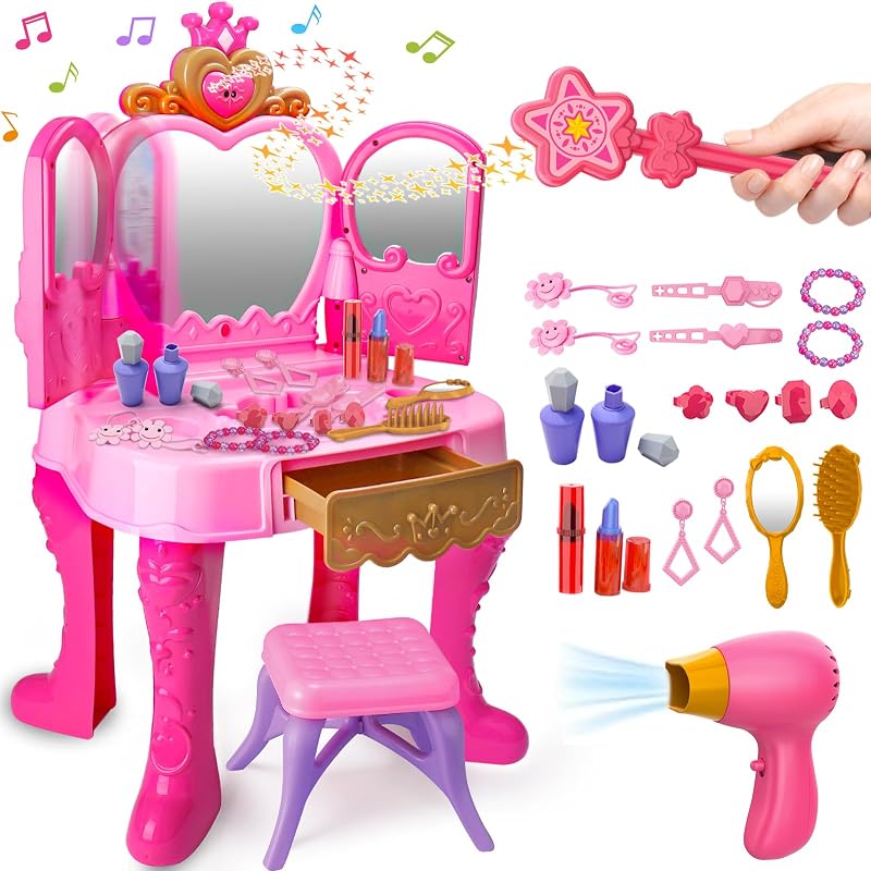 Juego de maquillaje mágico para tocador para niños pequeños, mesa y silla, juguete para niñas, espejo automático con música, juguetes de color rosa claro para niñas de 3, 4, 5 años, peluquería, juego de simulación, juego de vestir a princesa, regalo de San Valentín, edad de 3 a 5 años