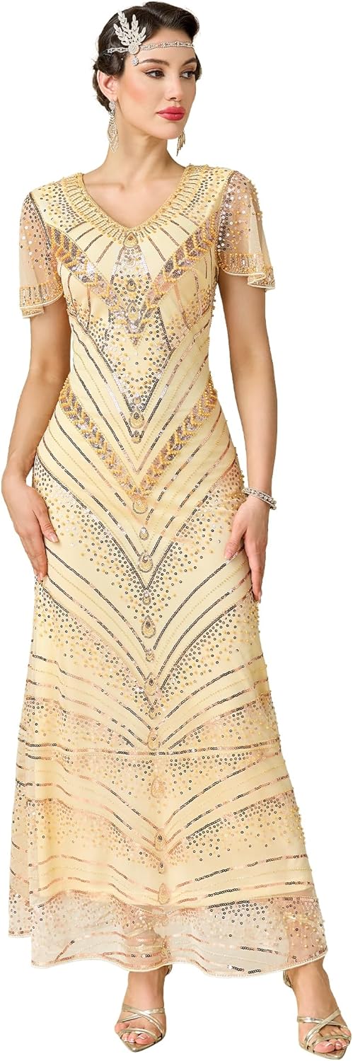 Women’s Flapper Dress 1920s V-Neck Sequin Beaded Maxi Dress for Evening Party