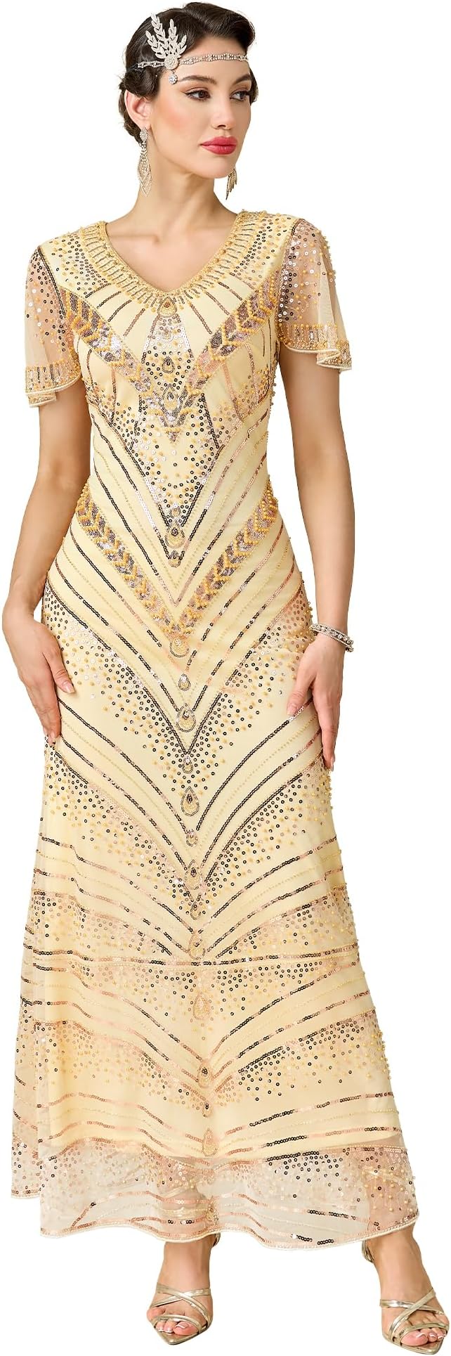 Women’s Flapper Dress 1920s V-Neck Sequin Beaded Maxi Dress for Evening Party