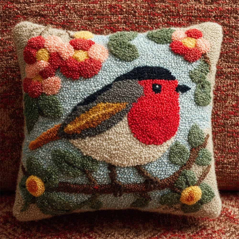 kitphoenix Latch Hook Kits Pillow Robin and Flowers