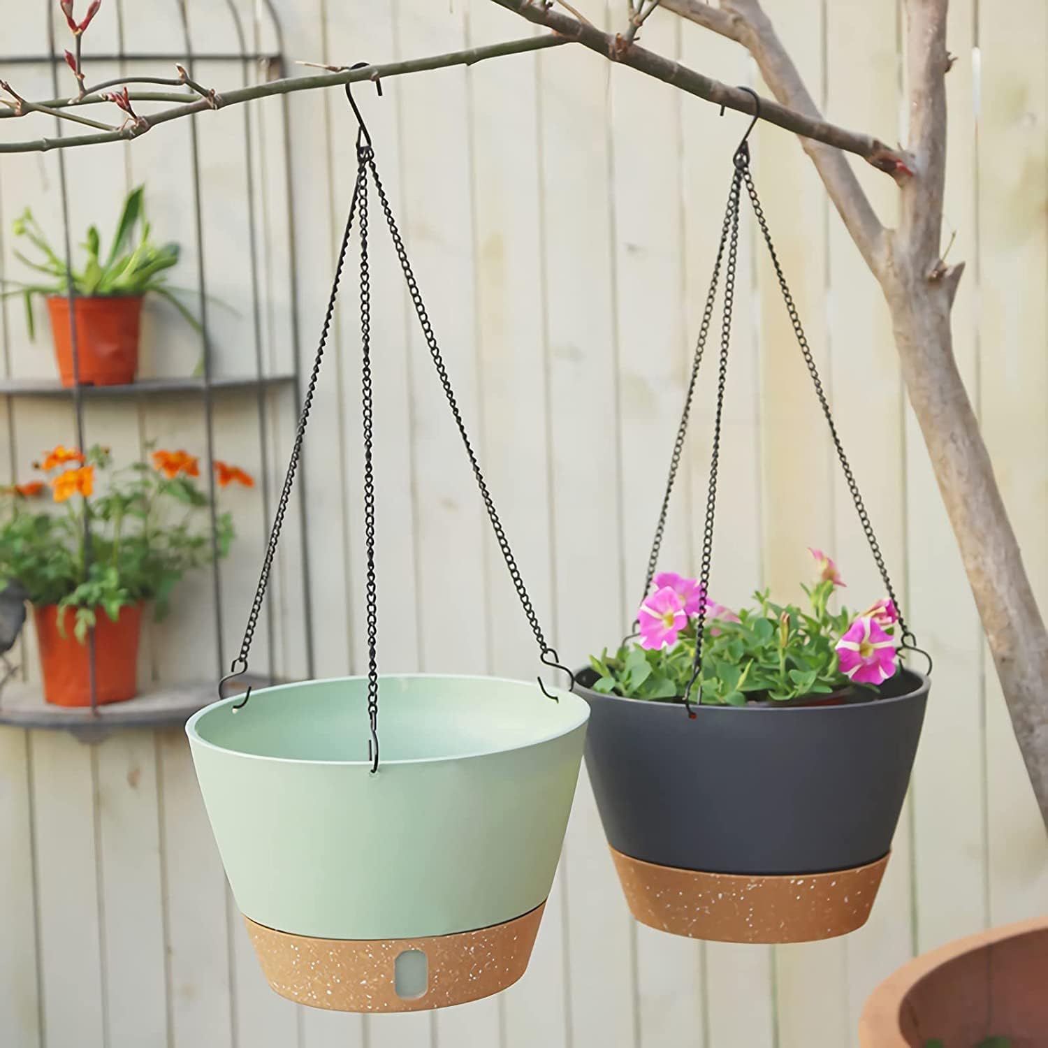 ZMTECH Maceta Colgante de 20 cm Maceta Colgante de 8 Pulgadas con Agujeros de Drenaje Plato para Plantas De Jardín de Casa de Interior Exterior (Gris Oscuro, Juego De 2)