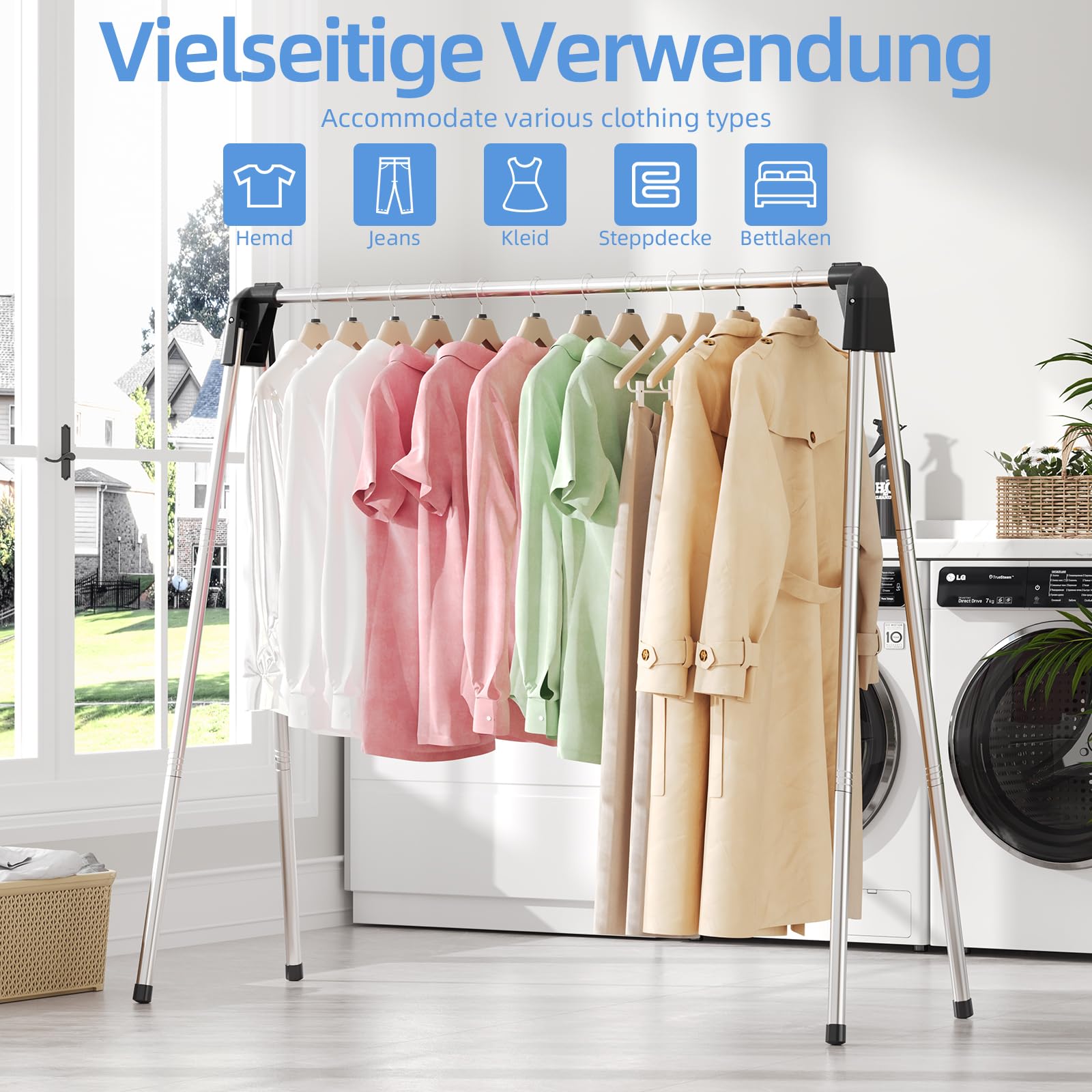 SYKIARIOL Wäscheständer, waeschestaender für platzsparende Aufbewahrung, Wäscheständer Klappbar aus Edelstahl, kleiderständer zusammenklappbar für Reisen, Camping, Lange Wäsche, 140cm hoch