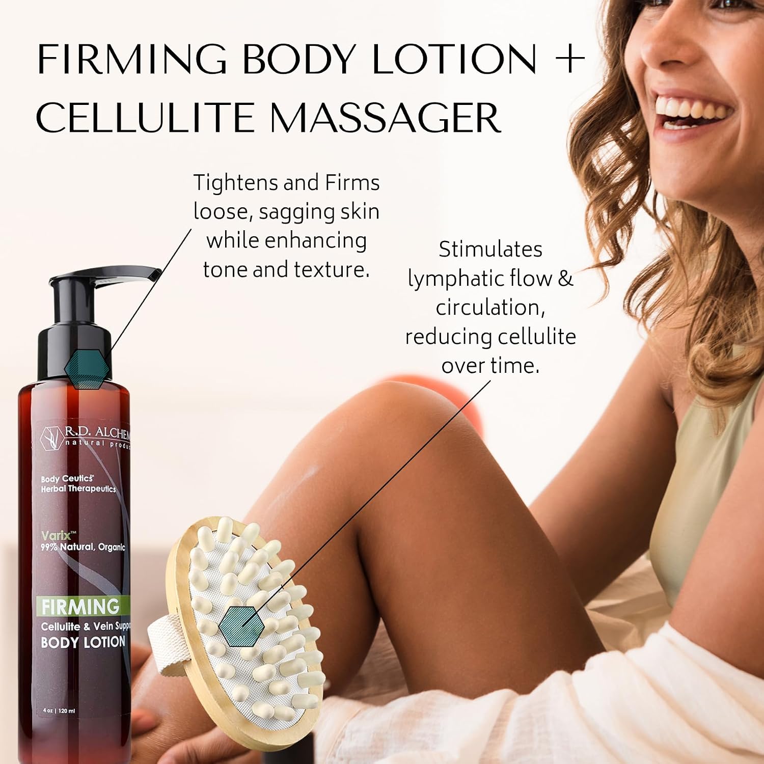 RD Alchemy - Natural & Organic Cellulite Firming 2-Piece Treatment Set - Body Lotion + Wooden Body Massager Moisturize, Smooth and Firm Dimply Skin for Less Visible Cellulite.
